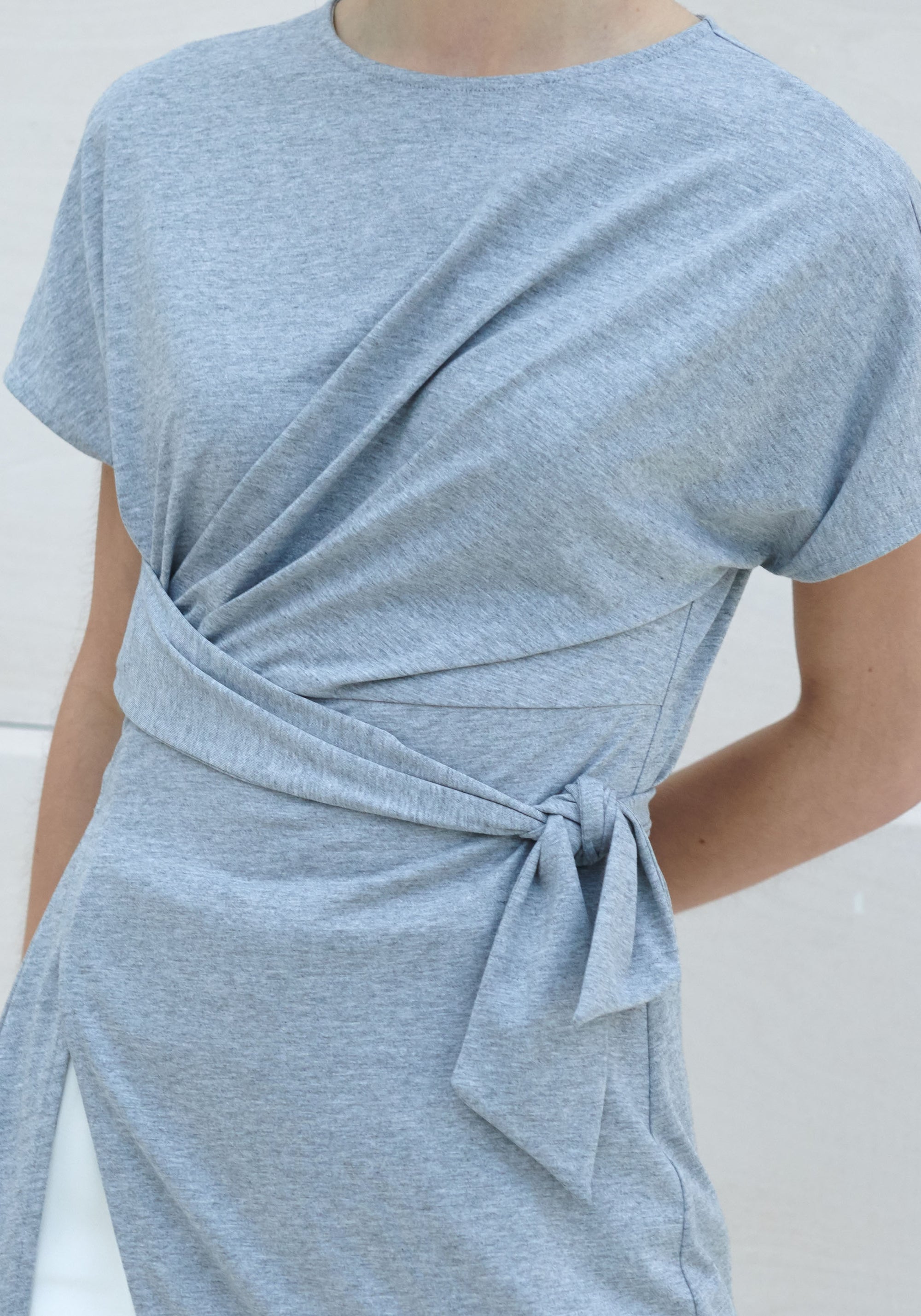 Paisie Long Front Tie Tunic Top in Grey Close Up