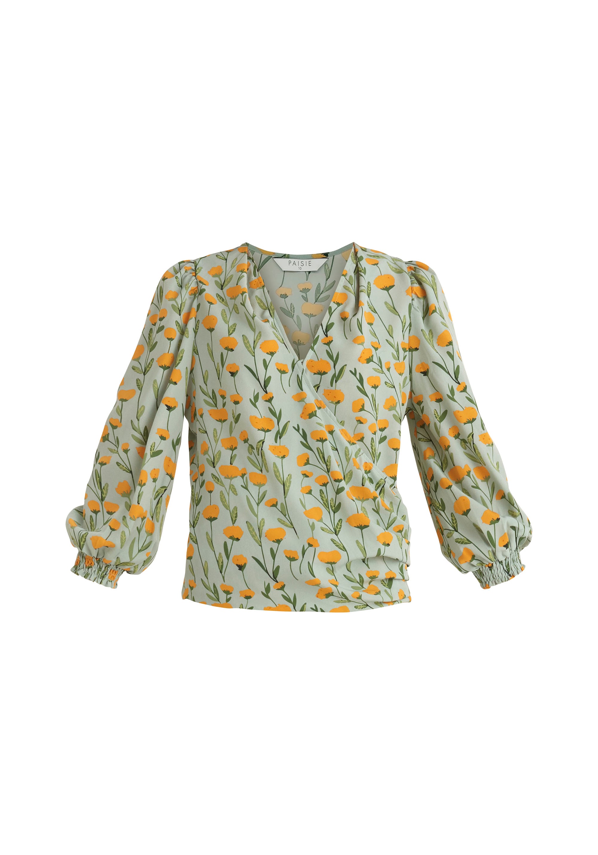 Paisie Floral Balloon Sleeve Wrap Top in Green Cut Out