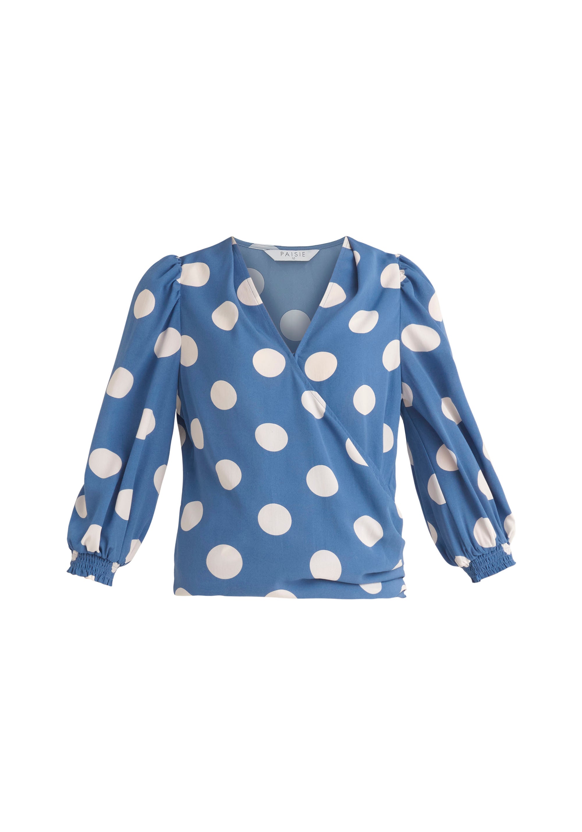 Paisie Polka Dot Balloon Sleeve Wrap Top in Blue and White Cut Out