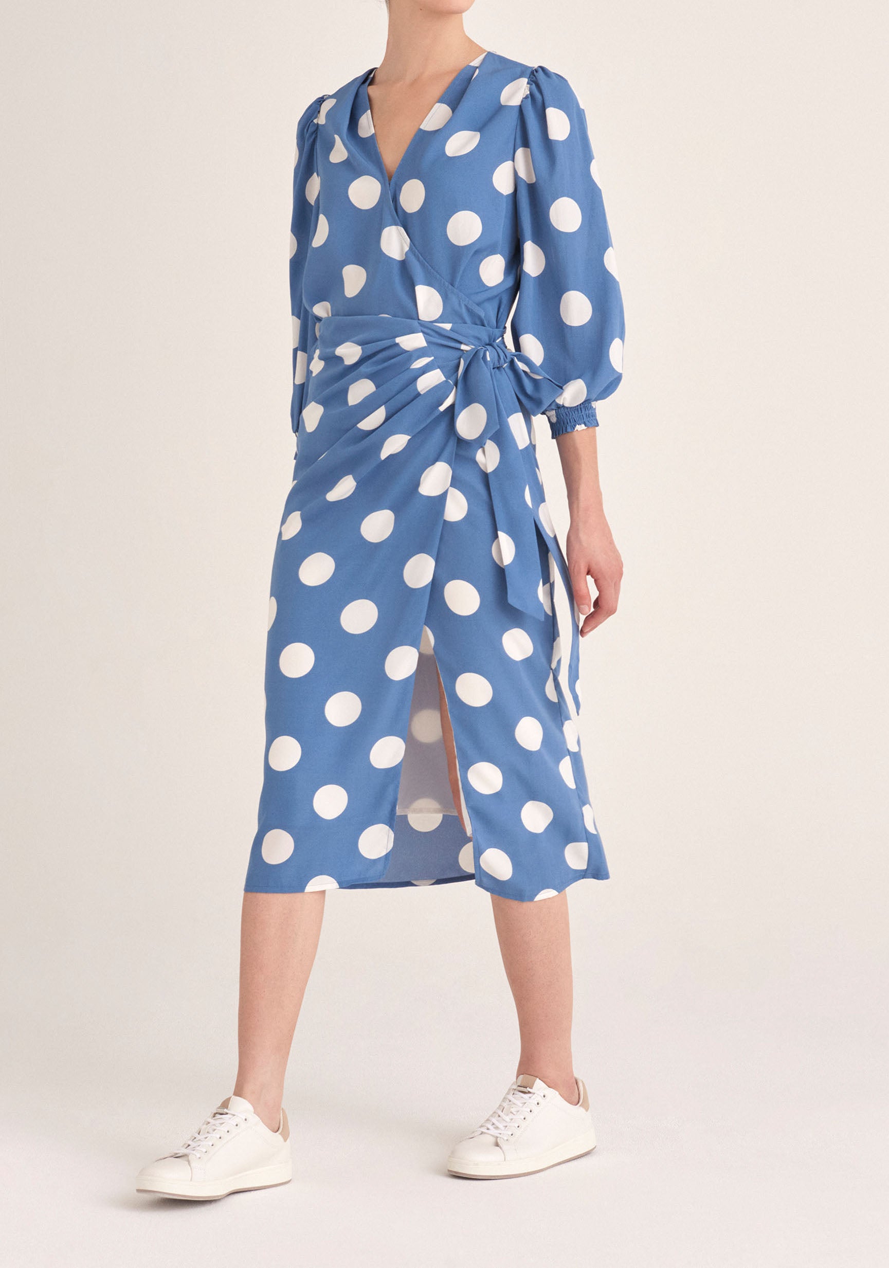 Paisie Polka Dot Balloon Sleeve Wrap Top in Blue and White