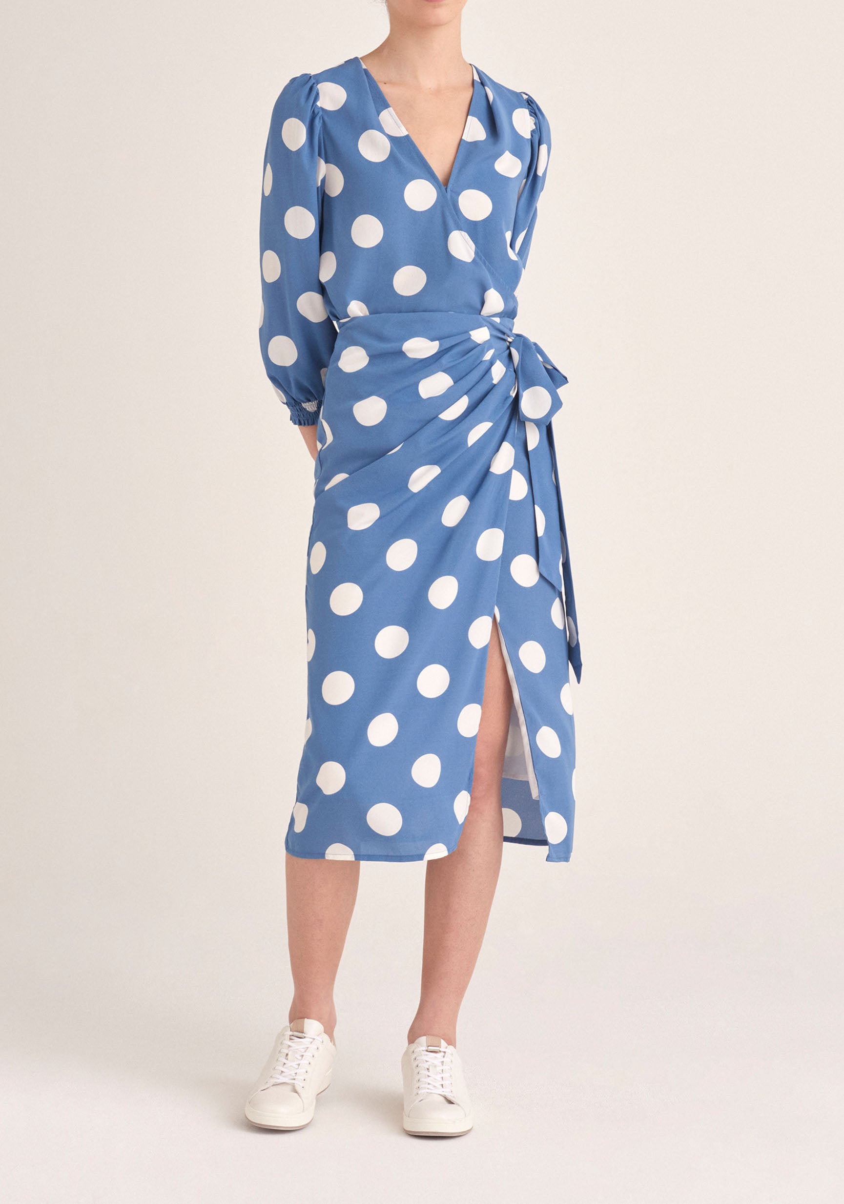 Paisie Polka Dot Balloon Sleeve Wrap Top in Blue and White