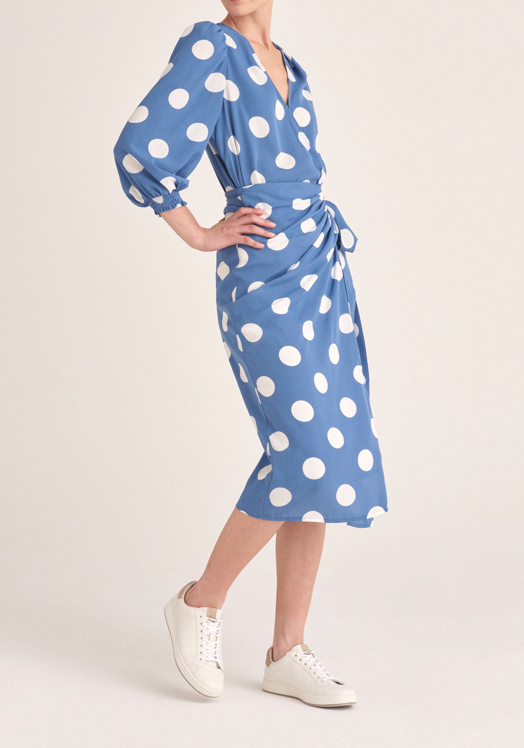 Paisie Polka Dot Balloon Sleeve Wrap Top in Blue and White Side