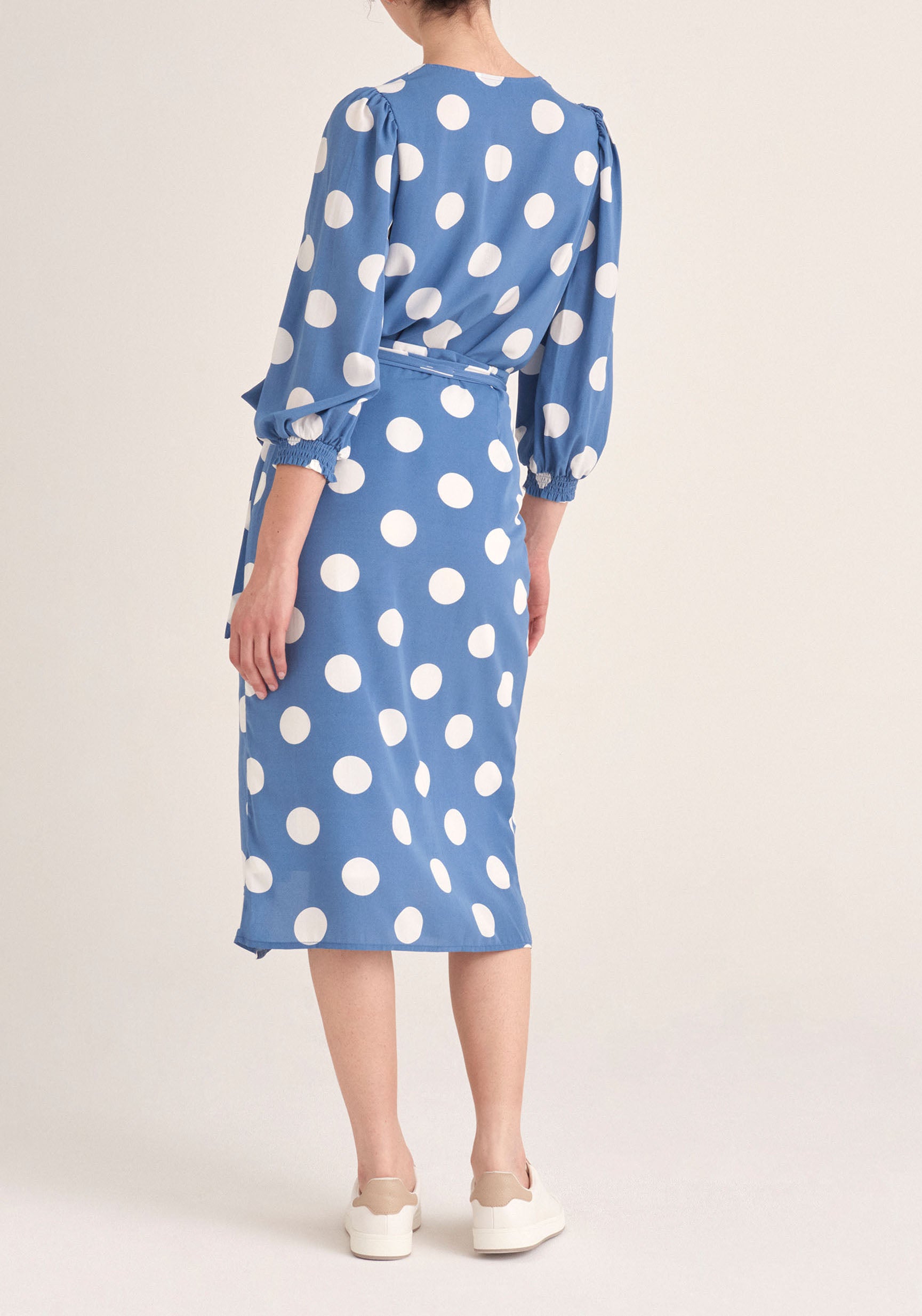 Paisie Polka Dot Balloon Sleeve Wrap Top in Blue and White Back