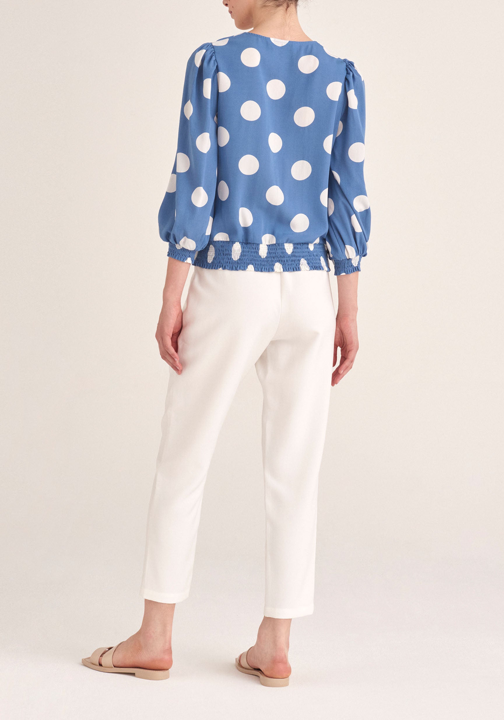 Paisie Polka Dot Balloon Sleeve Wrap Top in Blue and White Back