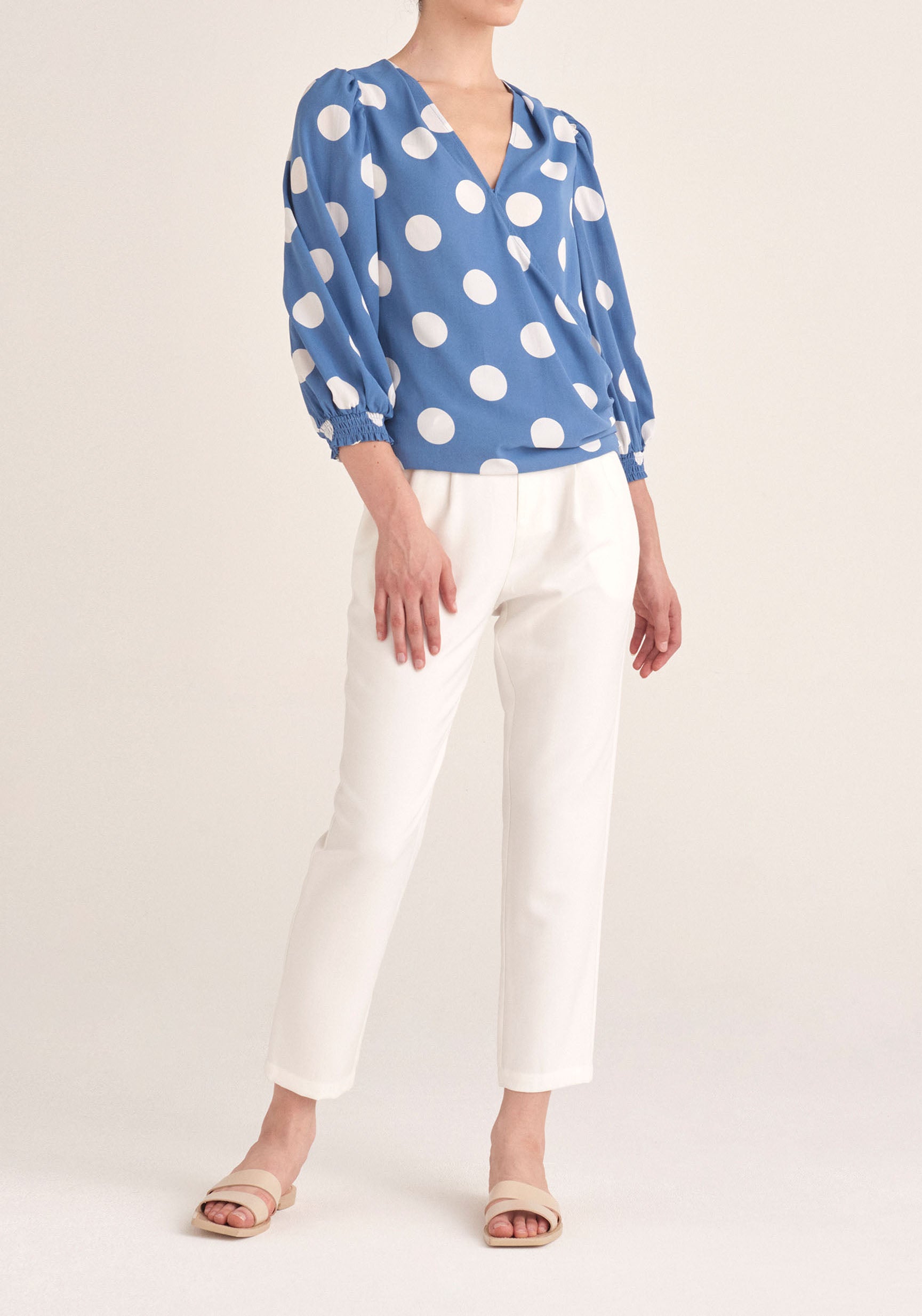 Paisie Polka Dot Balloon Sleeve Wrap Top in Blue and White