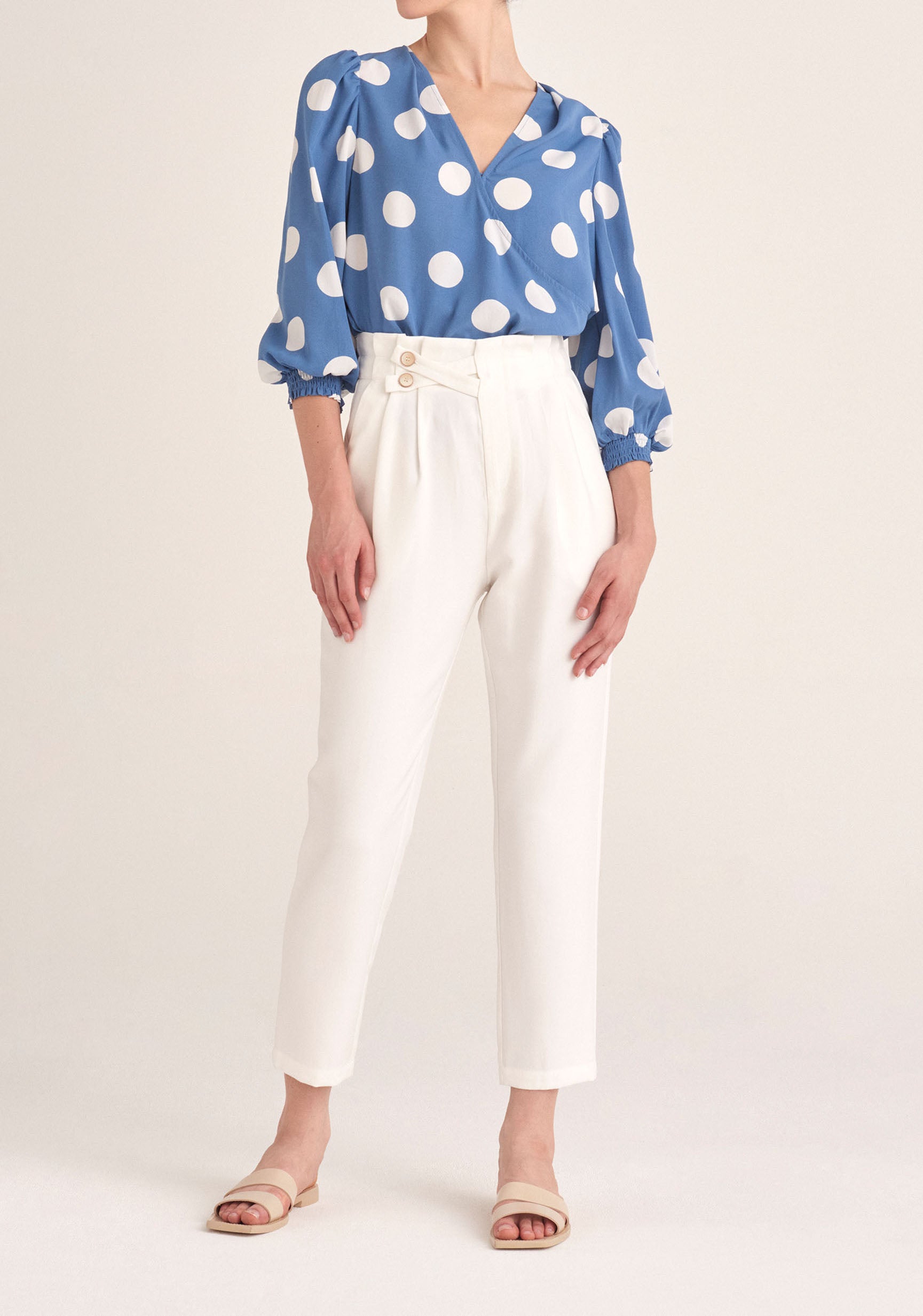 Paisie Polka Dot Balloon Sleeve Wrap Top in Blue and White