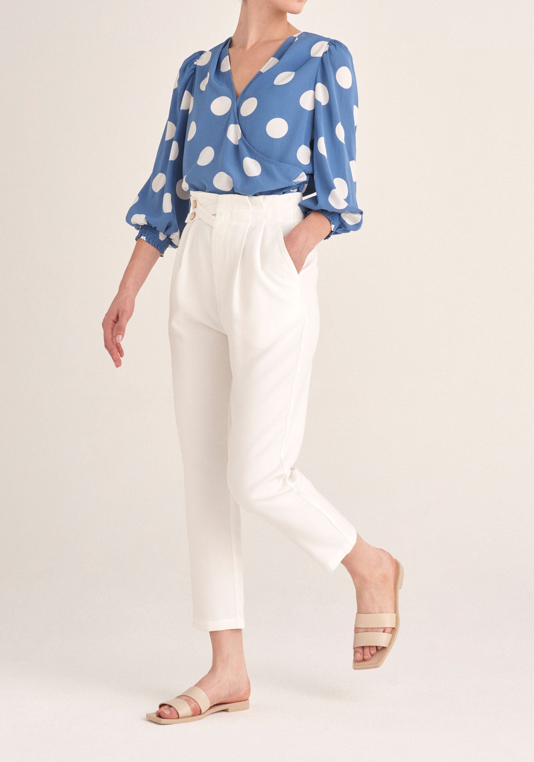 Paisie Polka Dot Balloon Sleeve Wrap Top in Blue and White