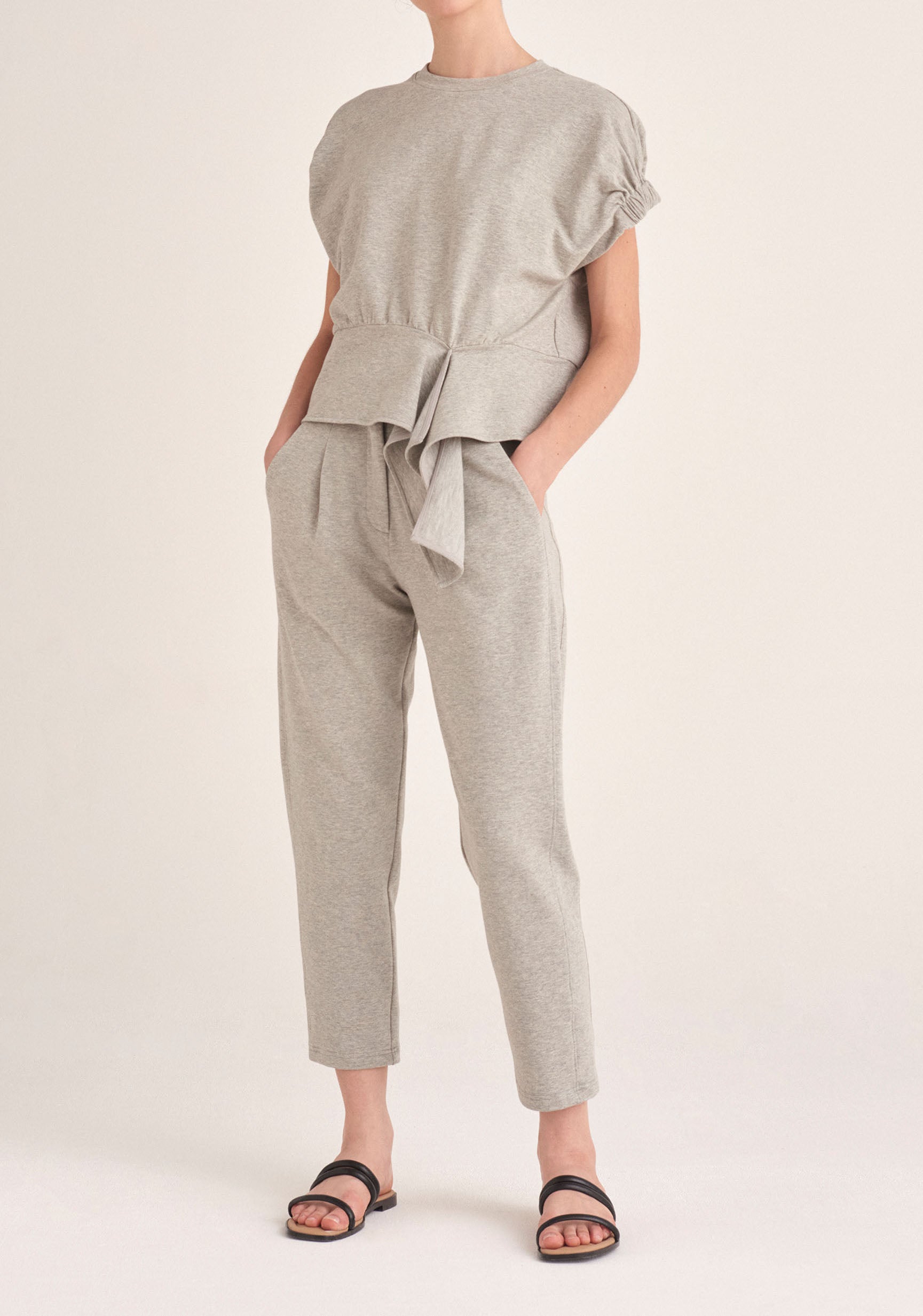 Paisie Short Sleeve Sweatshirt with Waist Detail in Light Grey