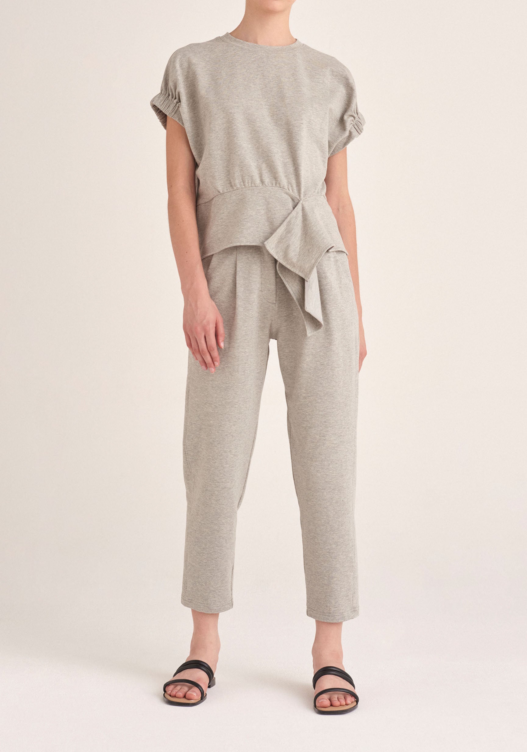 Paisie Short Sleeve Sweatshirt with Waist Detail in Light Grey