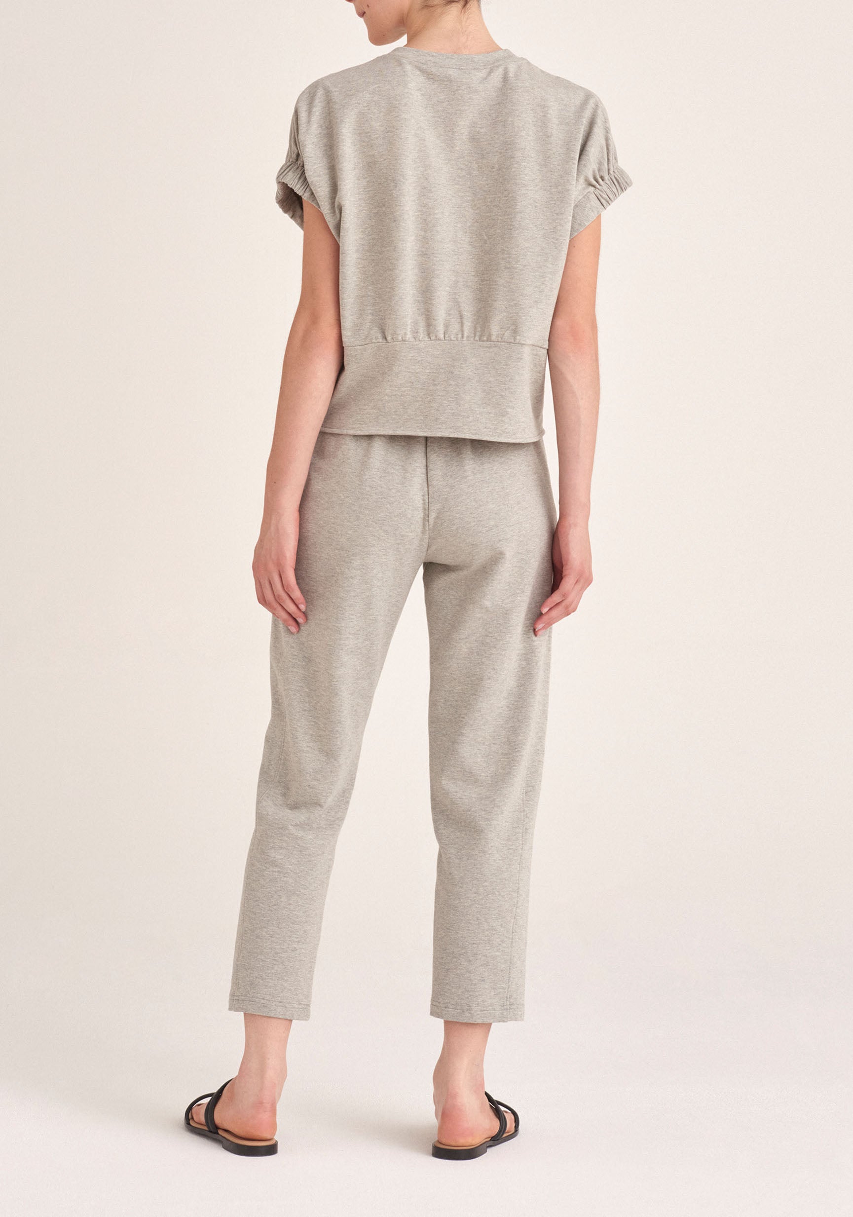 Paisie Short Sleeve Sweatshirt with Waist Detail in Light Grey Back