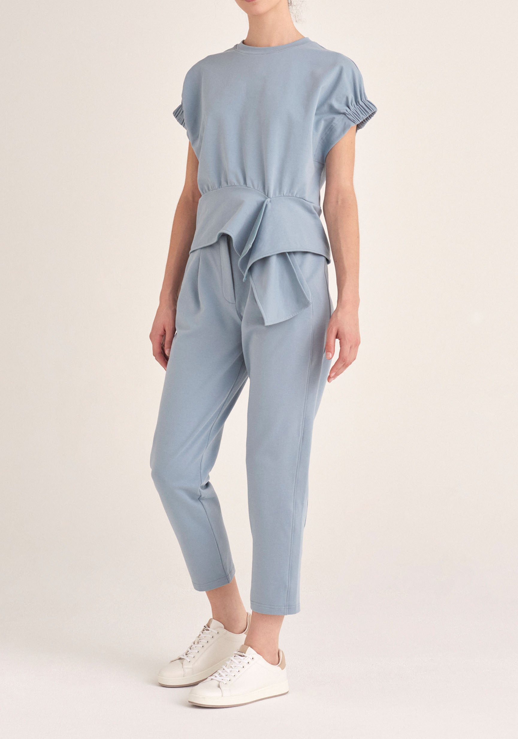 Paisie Short Sleeve Sweatshirt with Waist Detail in Light Blue 