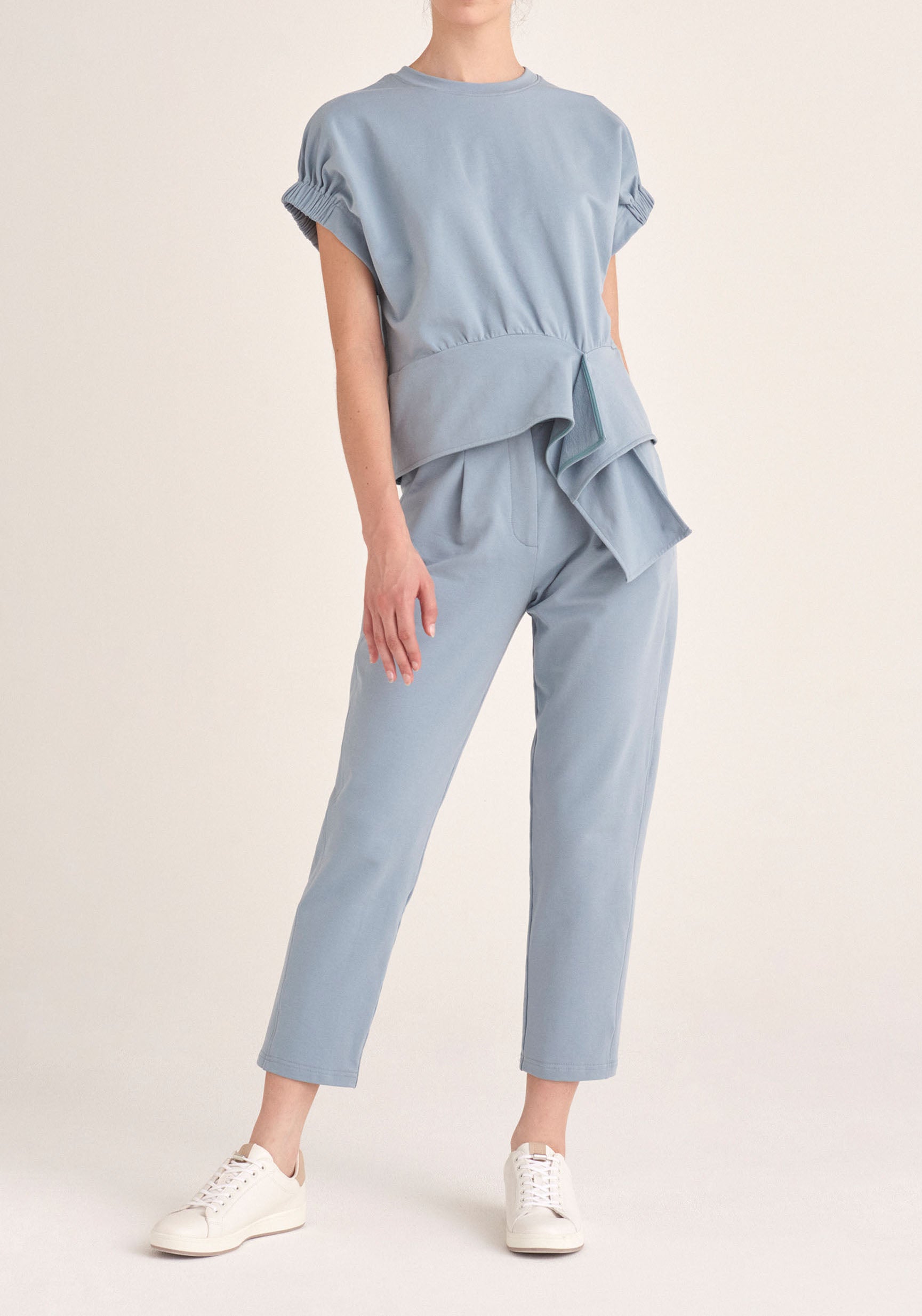 Paisie Short Sleeve Sweatshirt with Waist Detail in Light Blue 