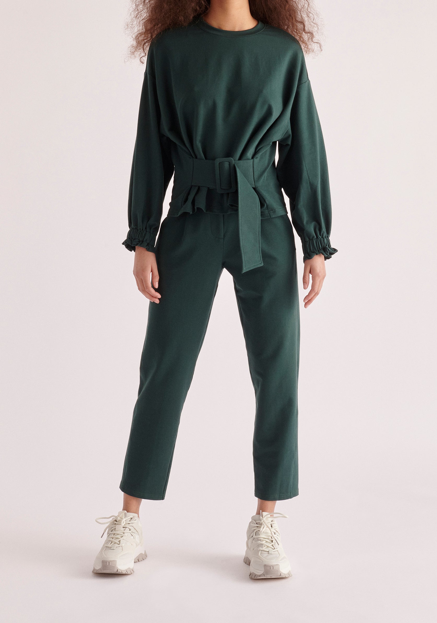 Paisie Belted Cotton Sweatshirt in Dark Green 