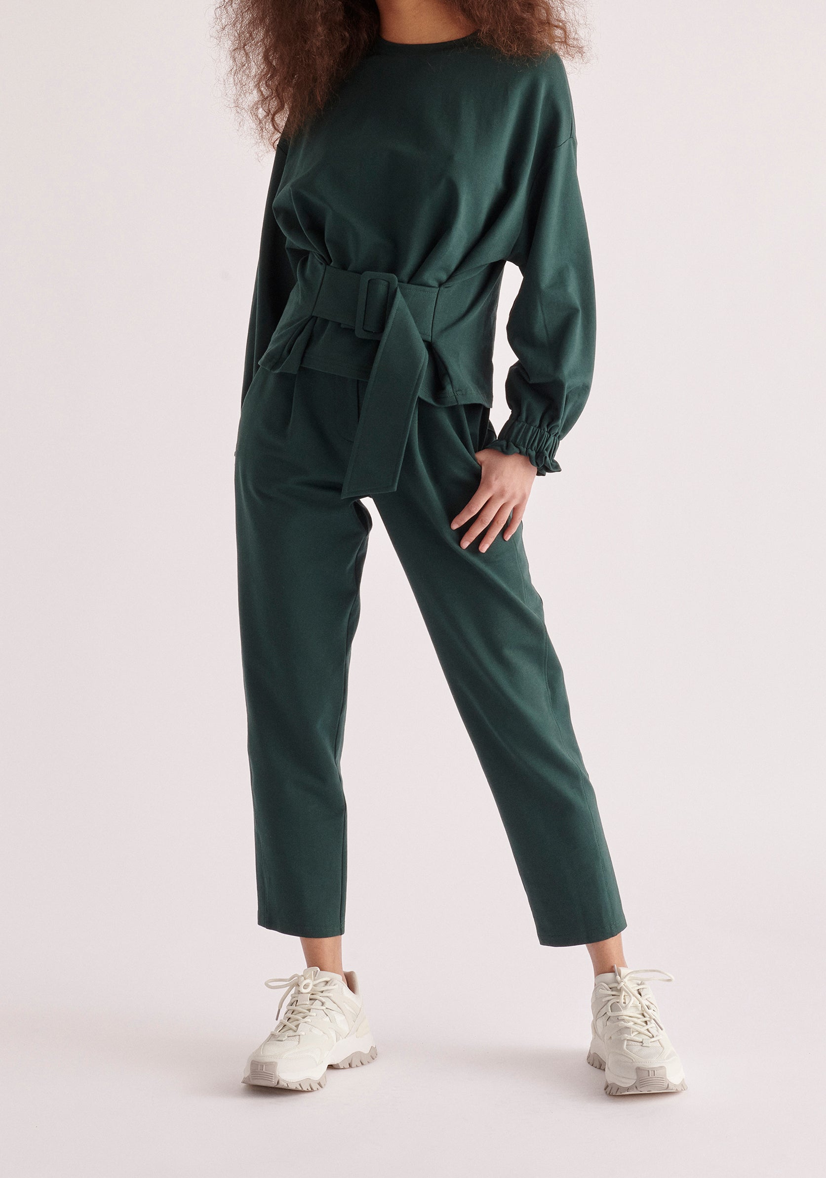 Paisie Belted Cotton Sweatshirt in Dark Green 