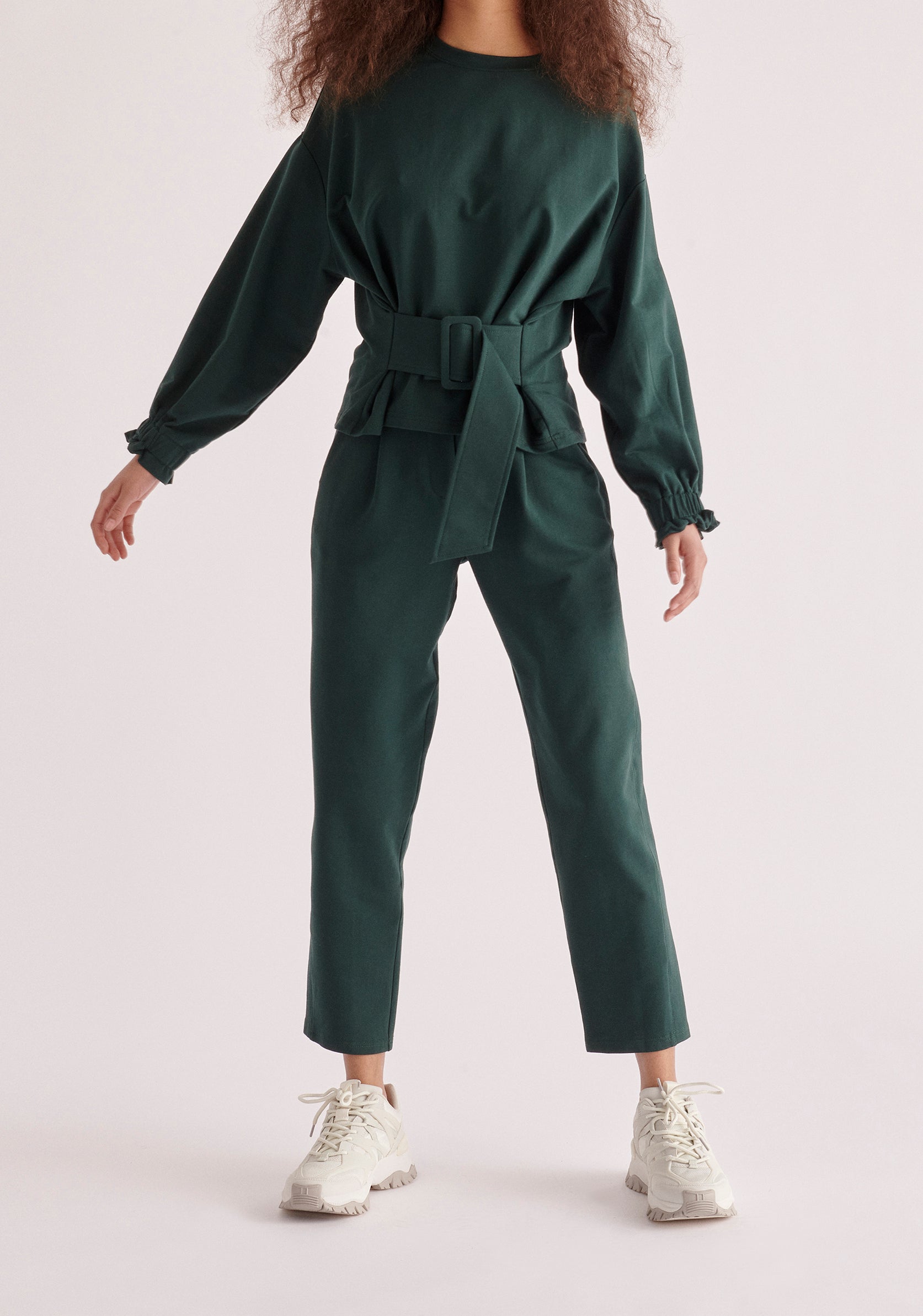 Paisie Belted Cotton Sweatshirt in Dark Green 