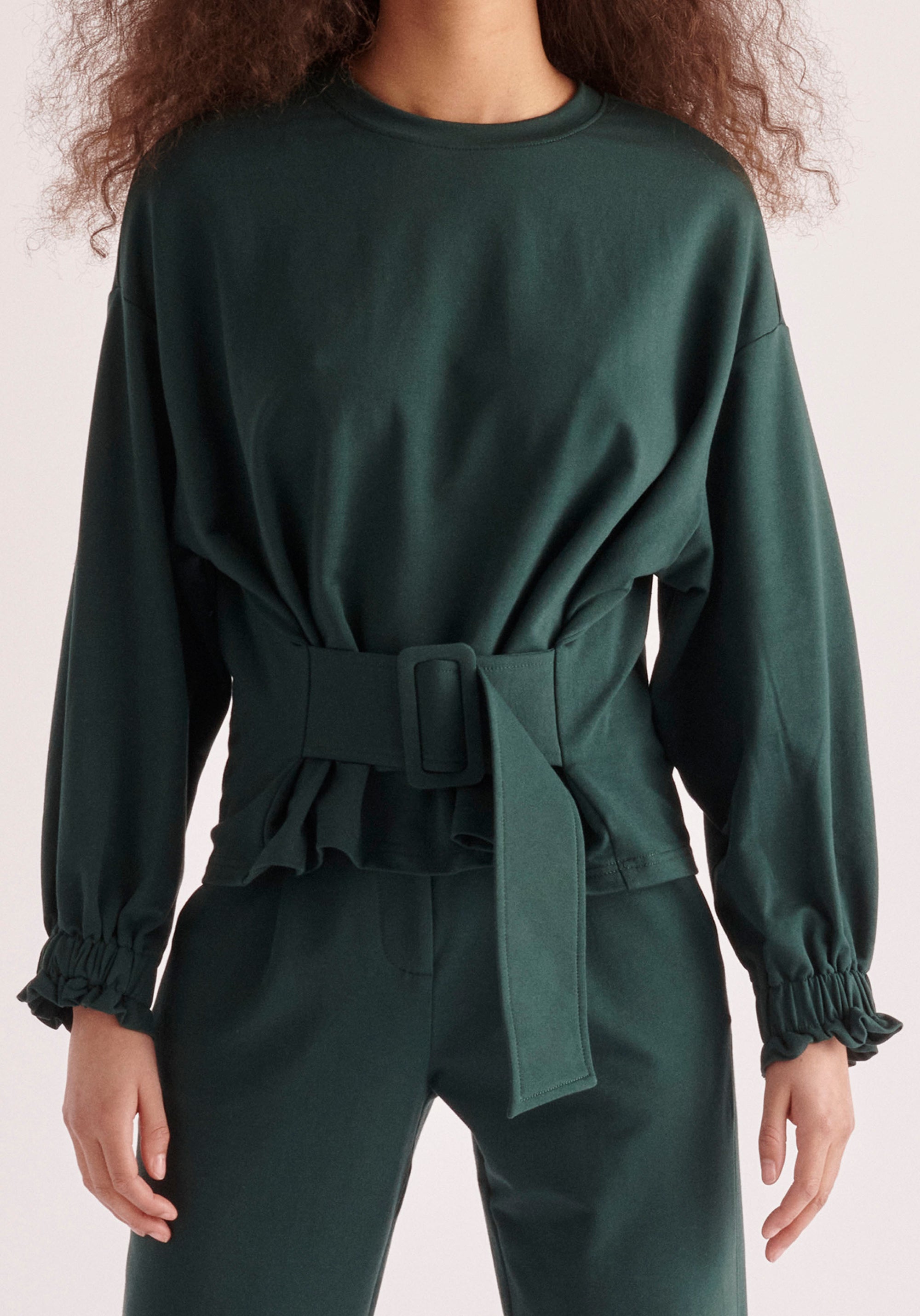 Paisie Belted Cotton Sweatshirt in Dark Green Close Up