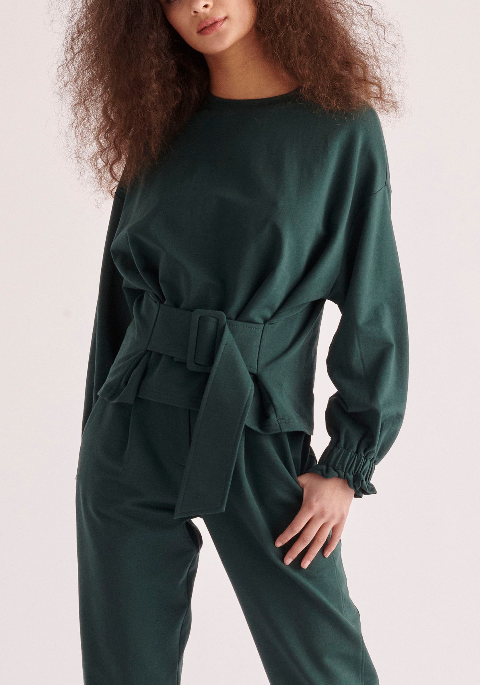 Paisie Belted Cotton Sweatshirt in Dark Green 