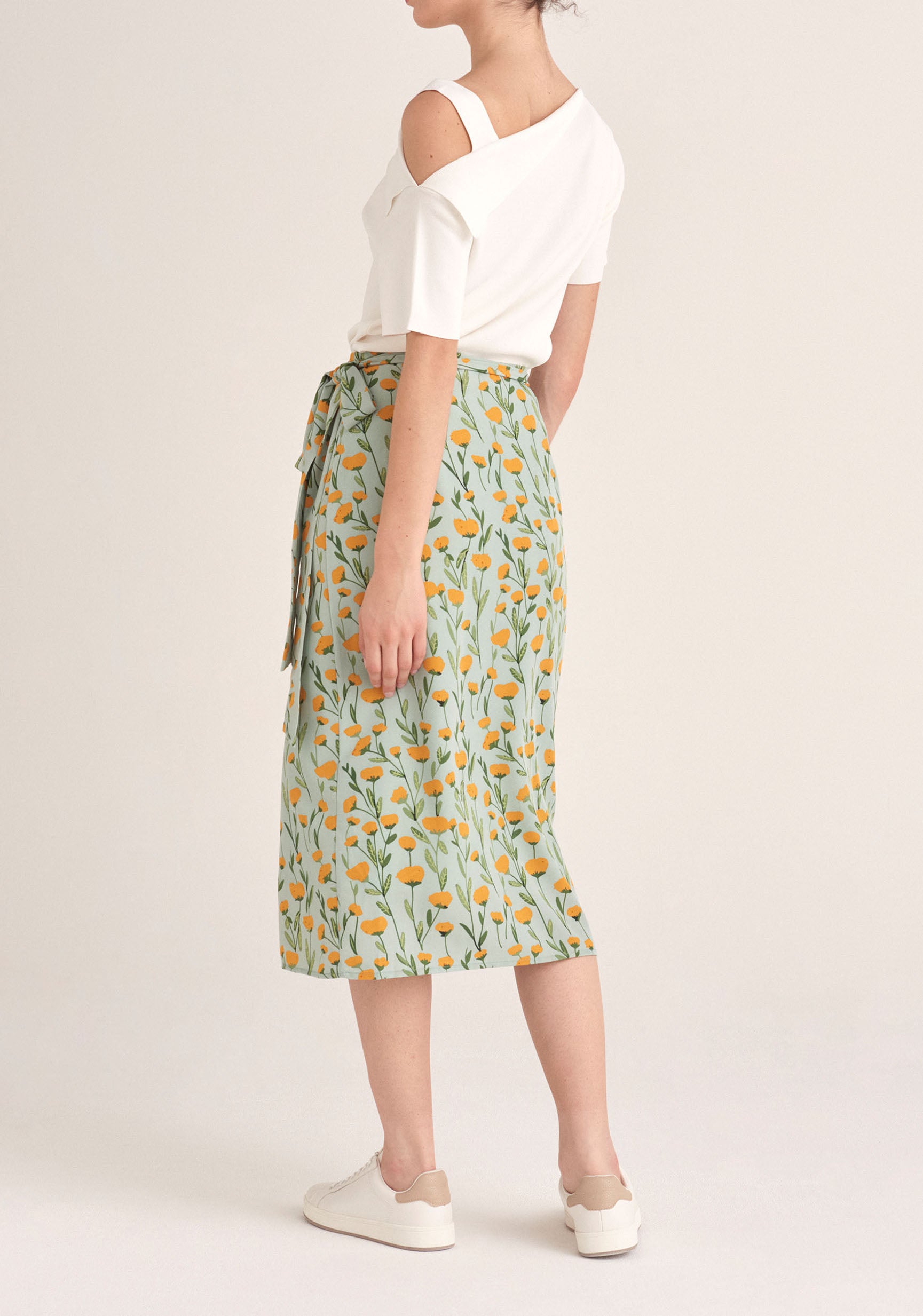 Paisie Floral Side Tie Wrap Skirt in Green Back