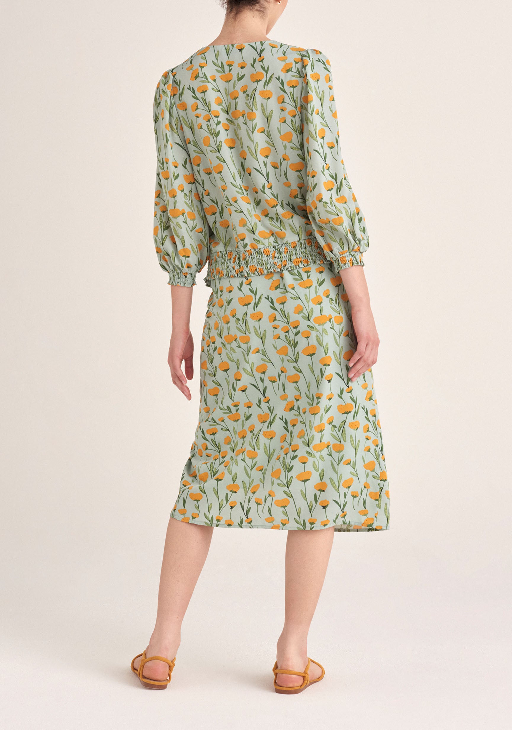 Paisie Floral Side Tie Wrap Skirt in Green Back