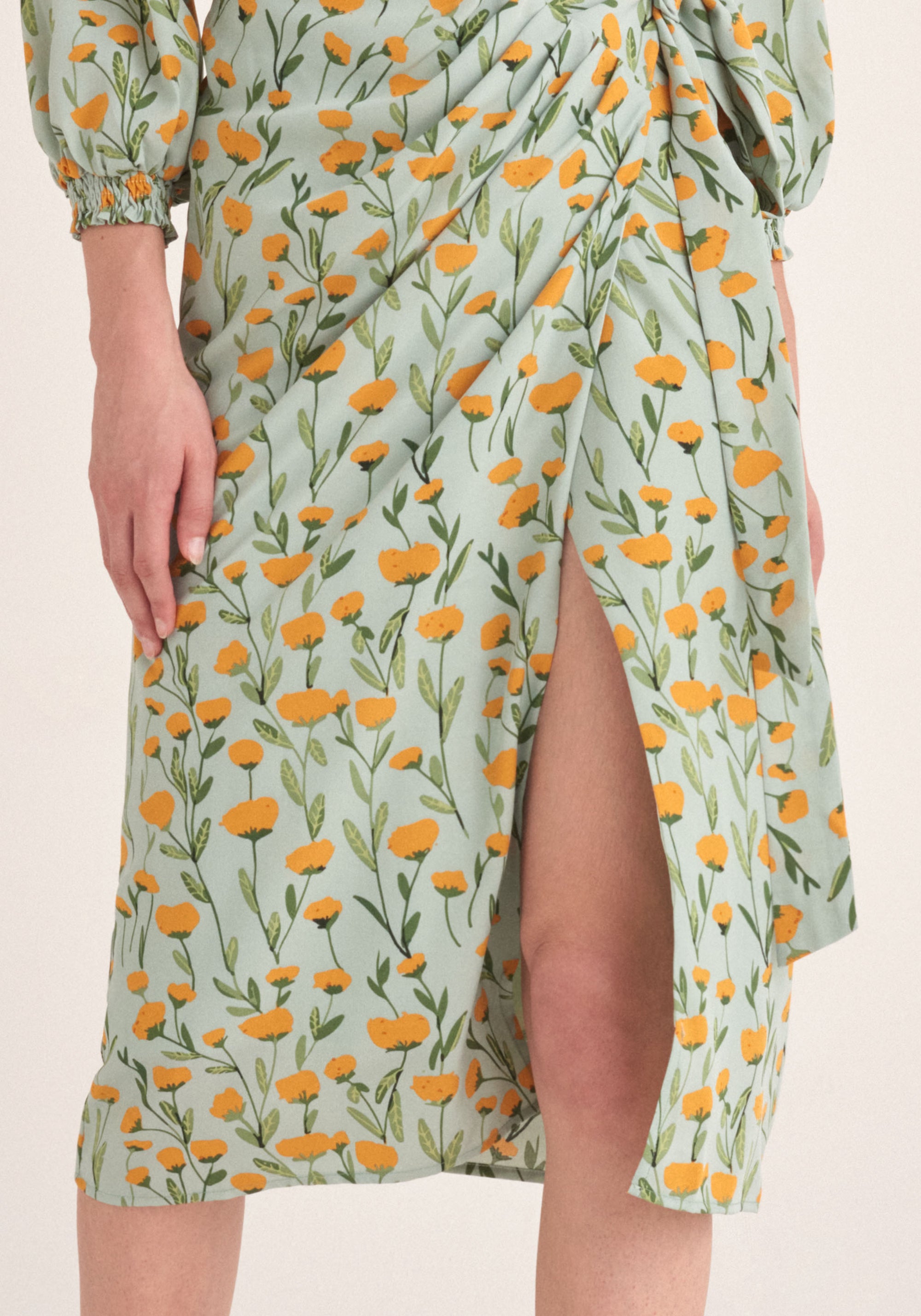 Paisie Floral Side Tie Wrap Skirt in Green Close Up