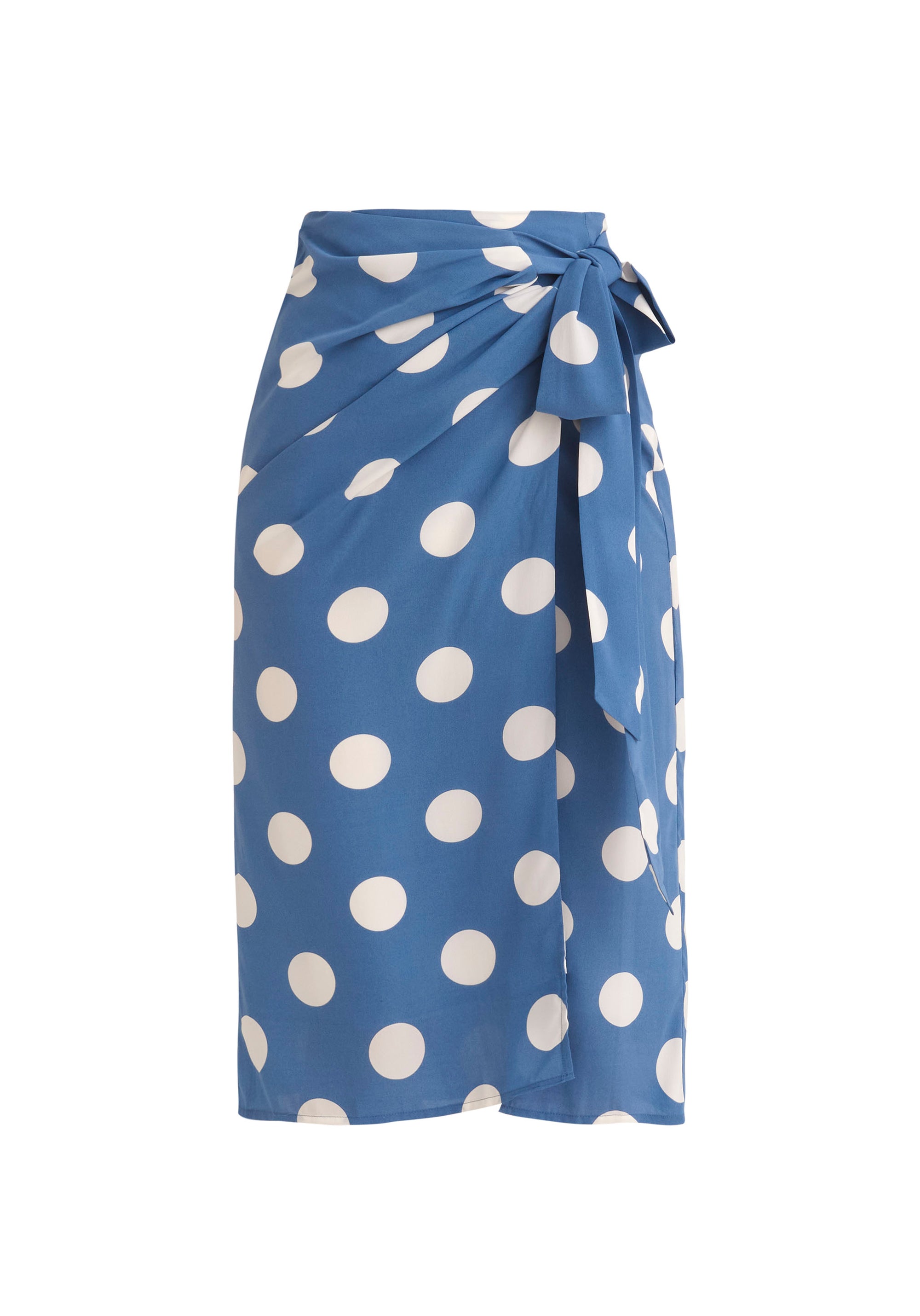 Paisie Polka Dot Side Tie Wrap Skirt in Blue and White Cut Out