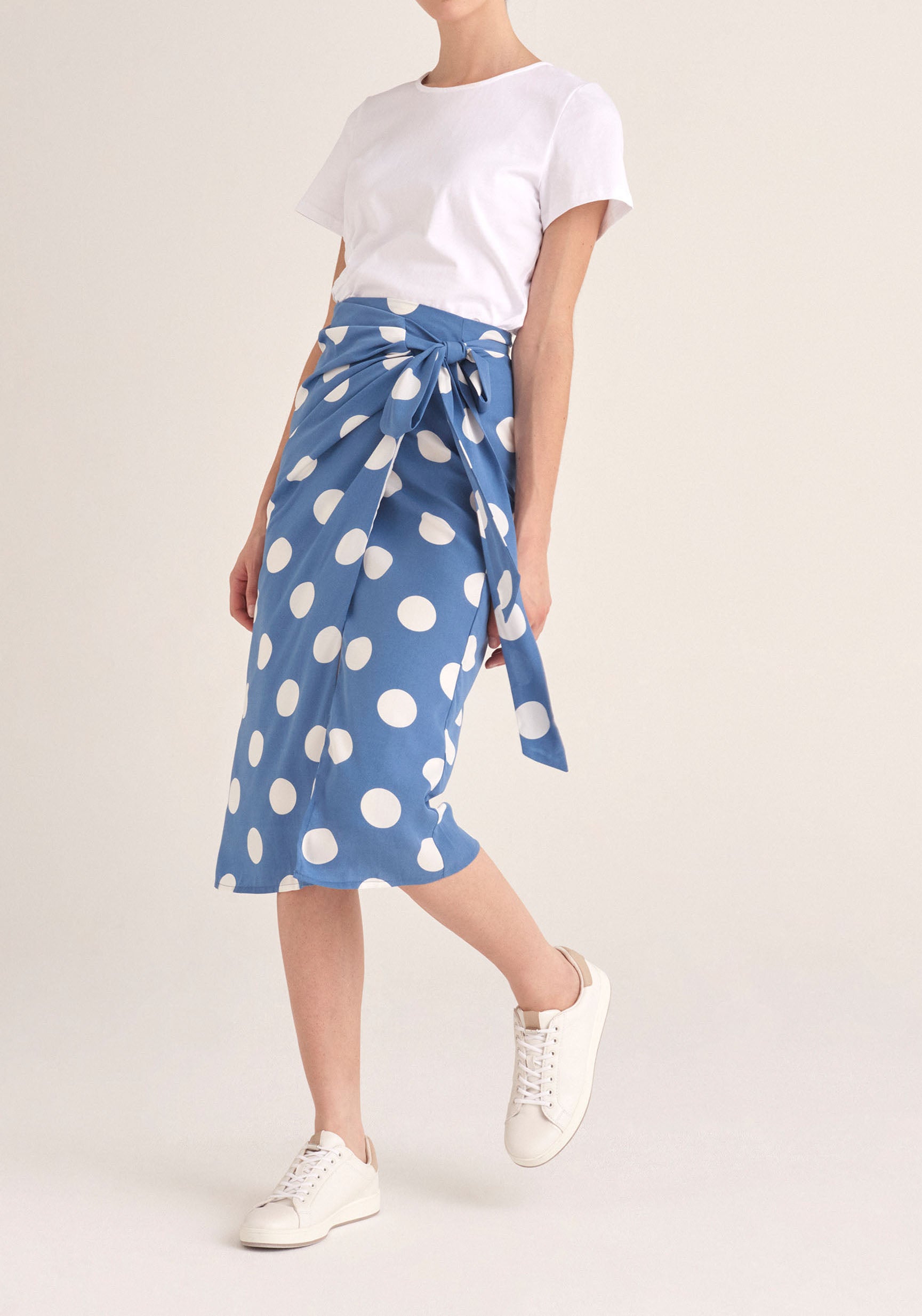 Paisie Polka Dot Side Tie Wrap Skirt in Blue and White