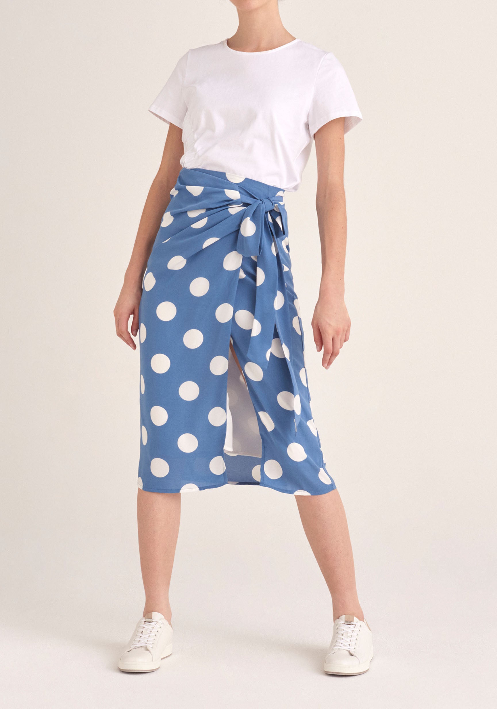 Paisie Polka Dot Side Tie Wrap Skirt in Blue and White