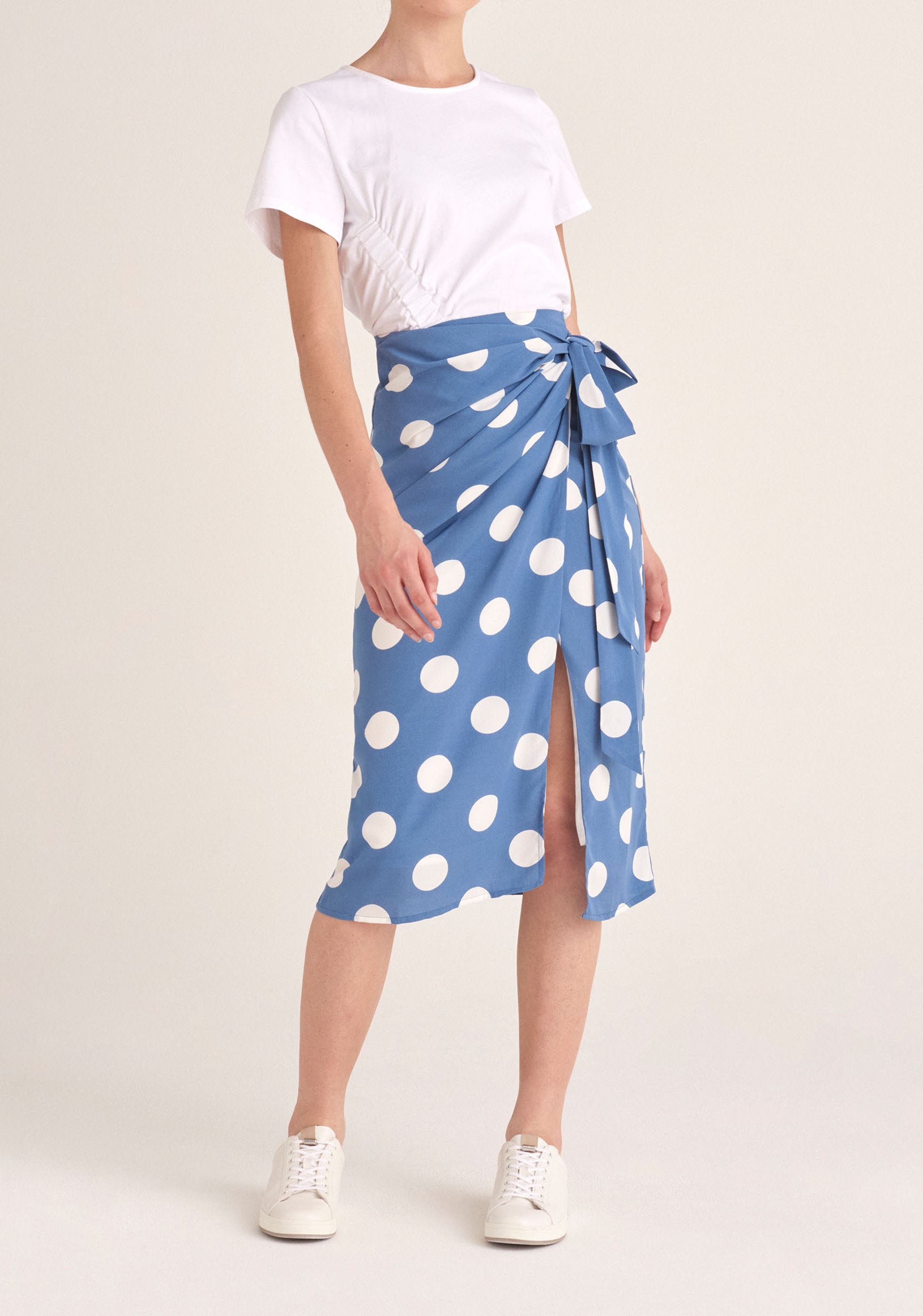 Paisie Polka Dot Side Tie Wrap Skirt in Blue and White