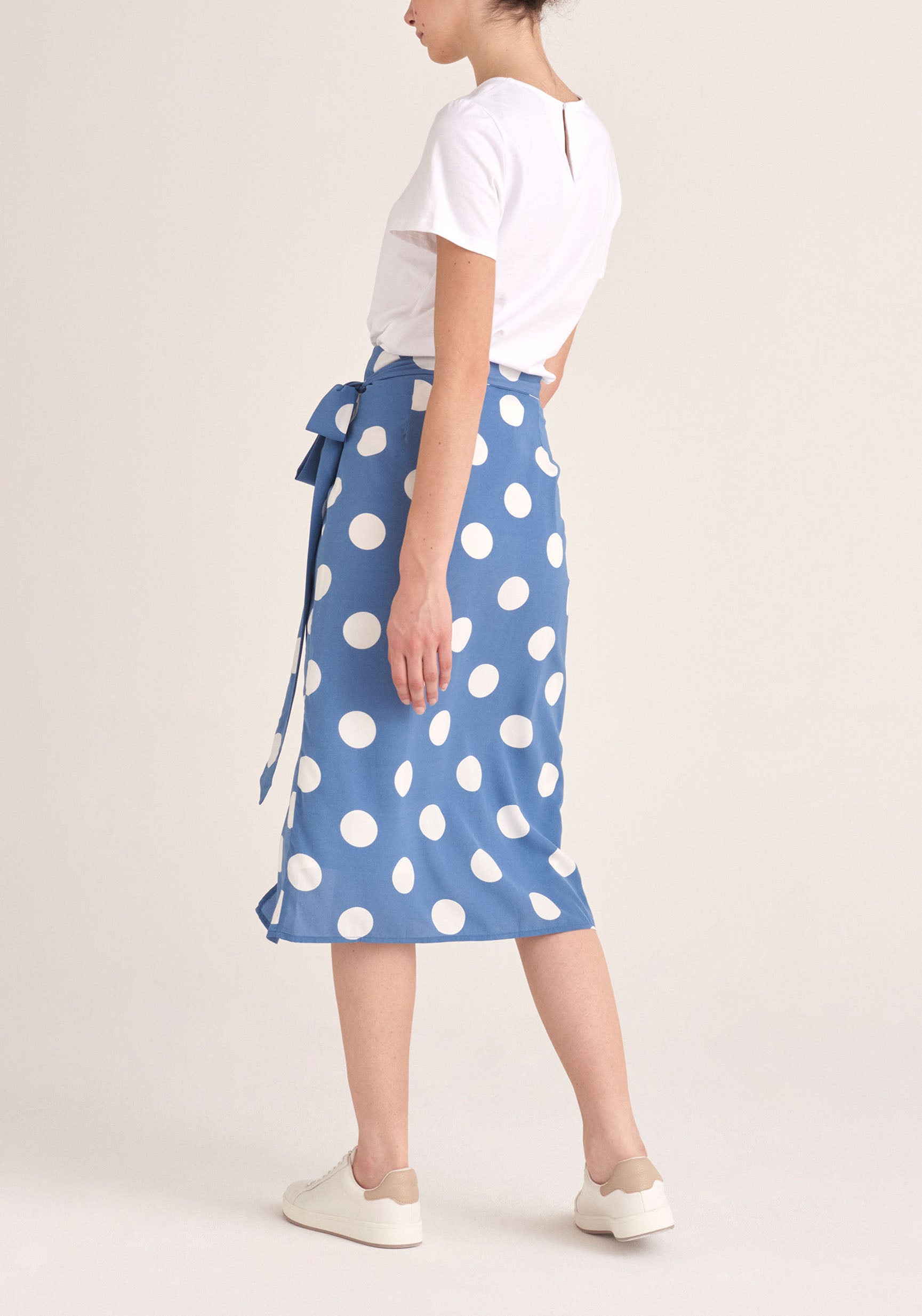 Paisie Polka Dot Side Tie Wrap Skirt in Blue and White Back