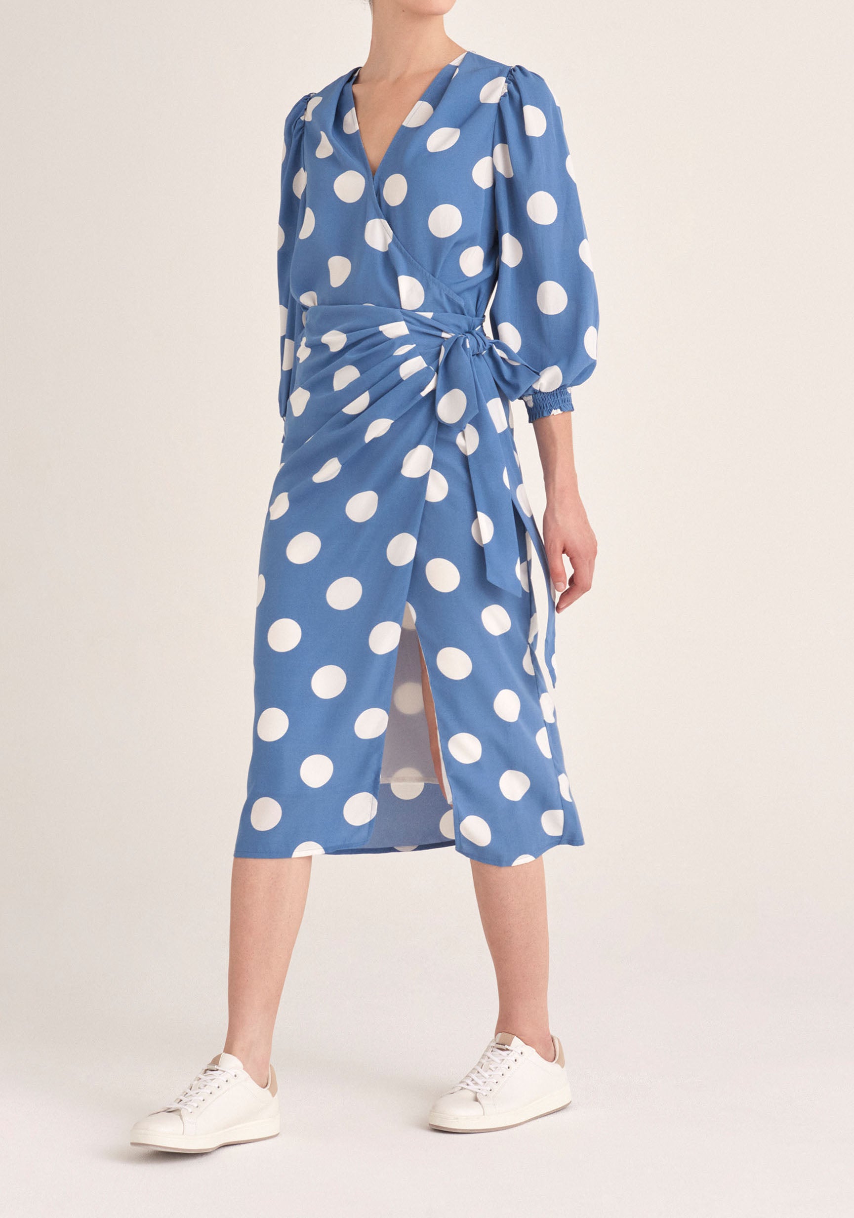 Paisie Polka Dot Side Tie Wrap Skirt in Blue and White