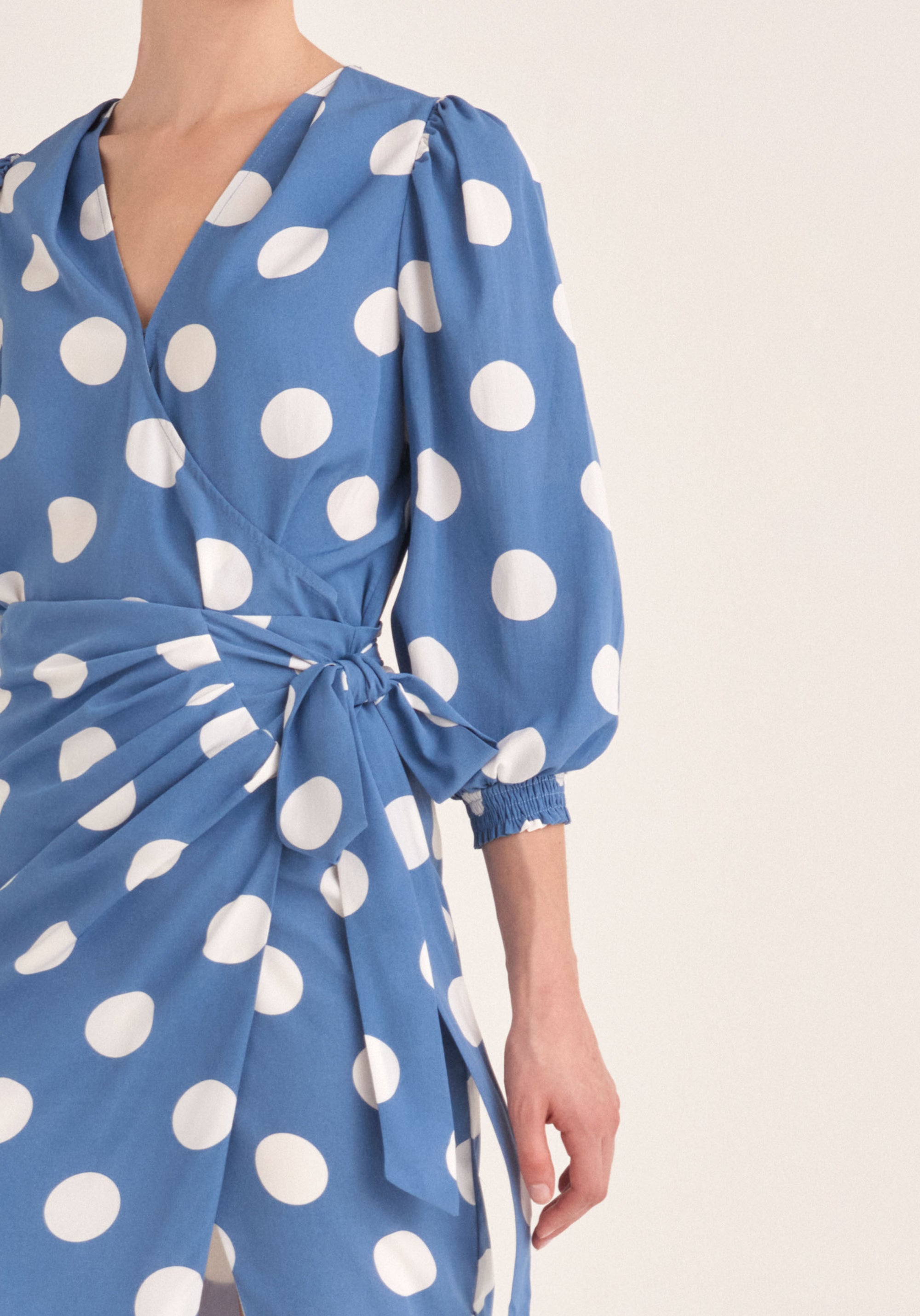 Paisie Polka Dot Side Tie Wrap Skirt in Blue and White Close Up