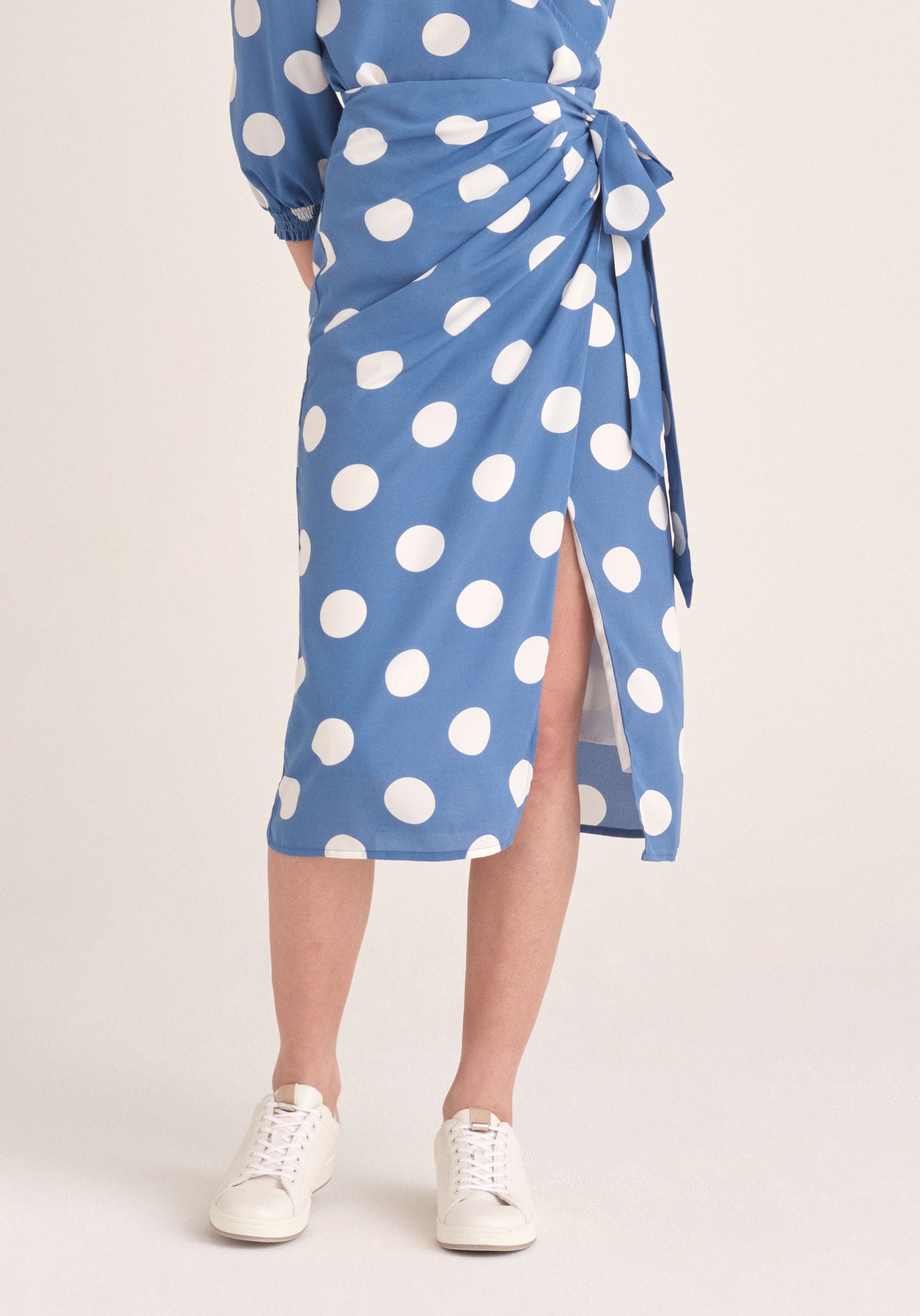 Paisie Polka Dot Side Tie Wrap Skirt in Blue and White