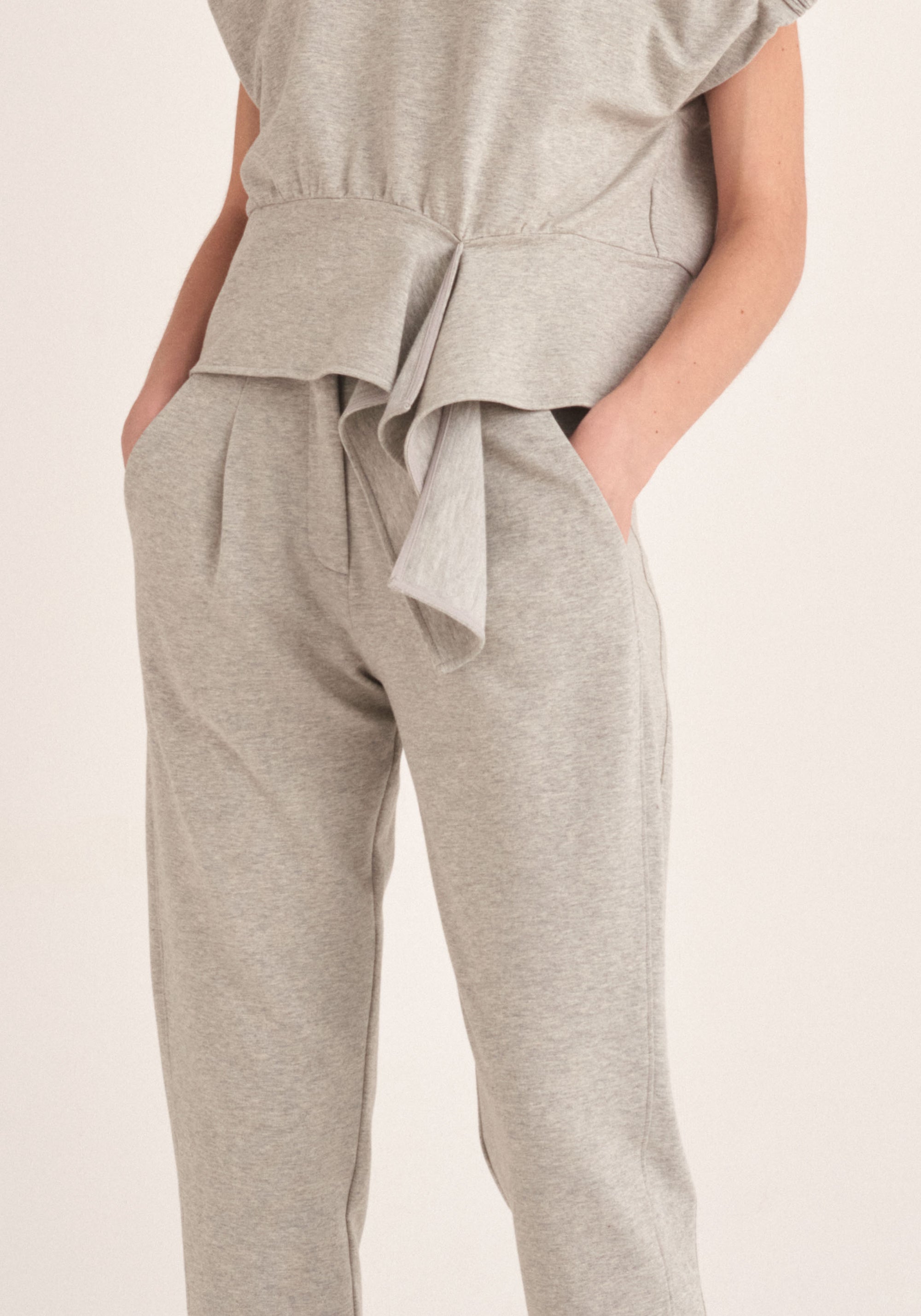 Paisie Elasticated Waist Jersey Trousers in Light Grey Close Up