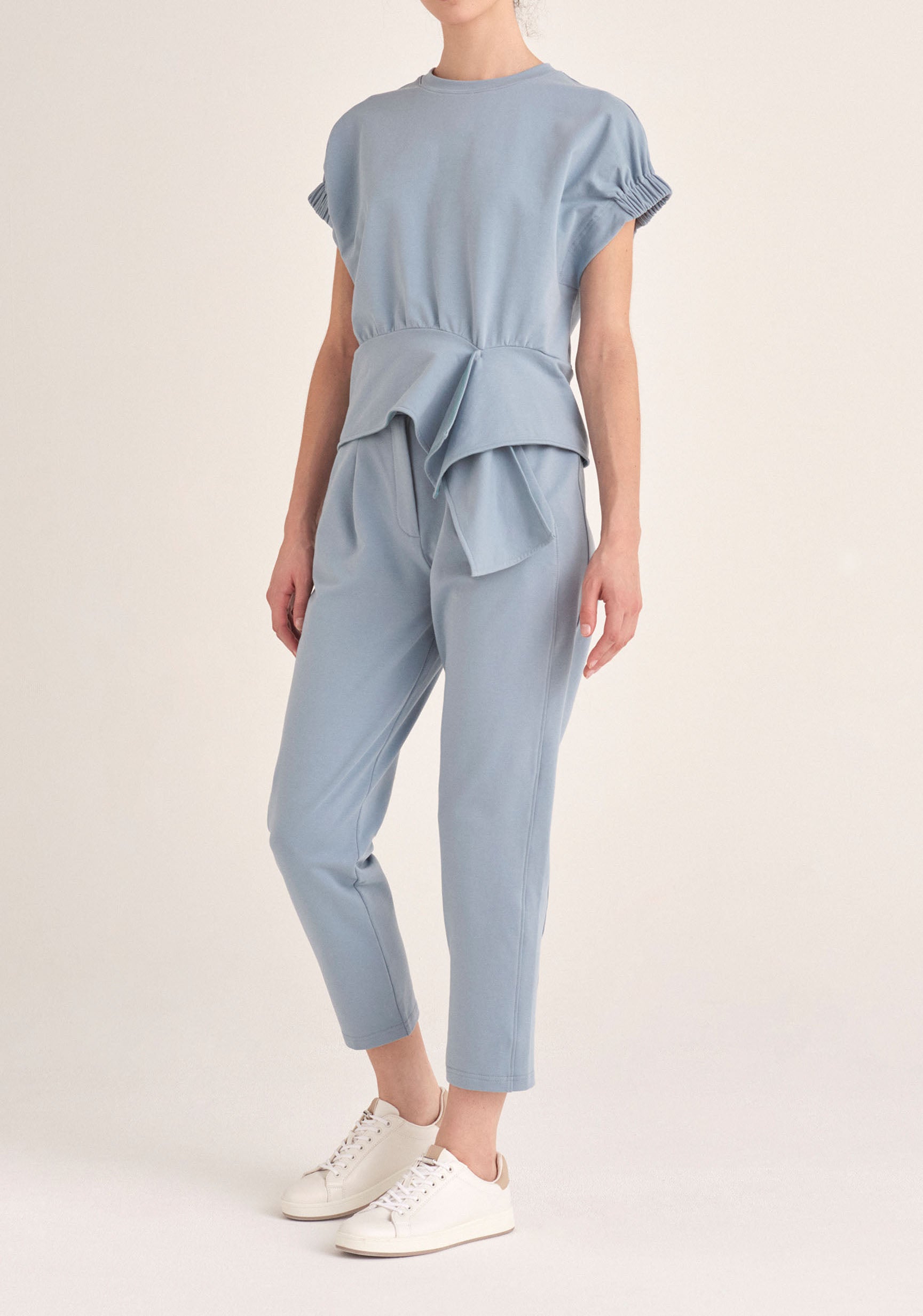 Paisie Elasticated Waist Jersey Trousers in Light Blue