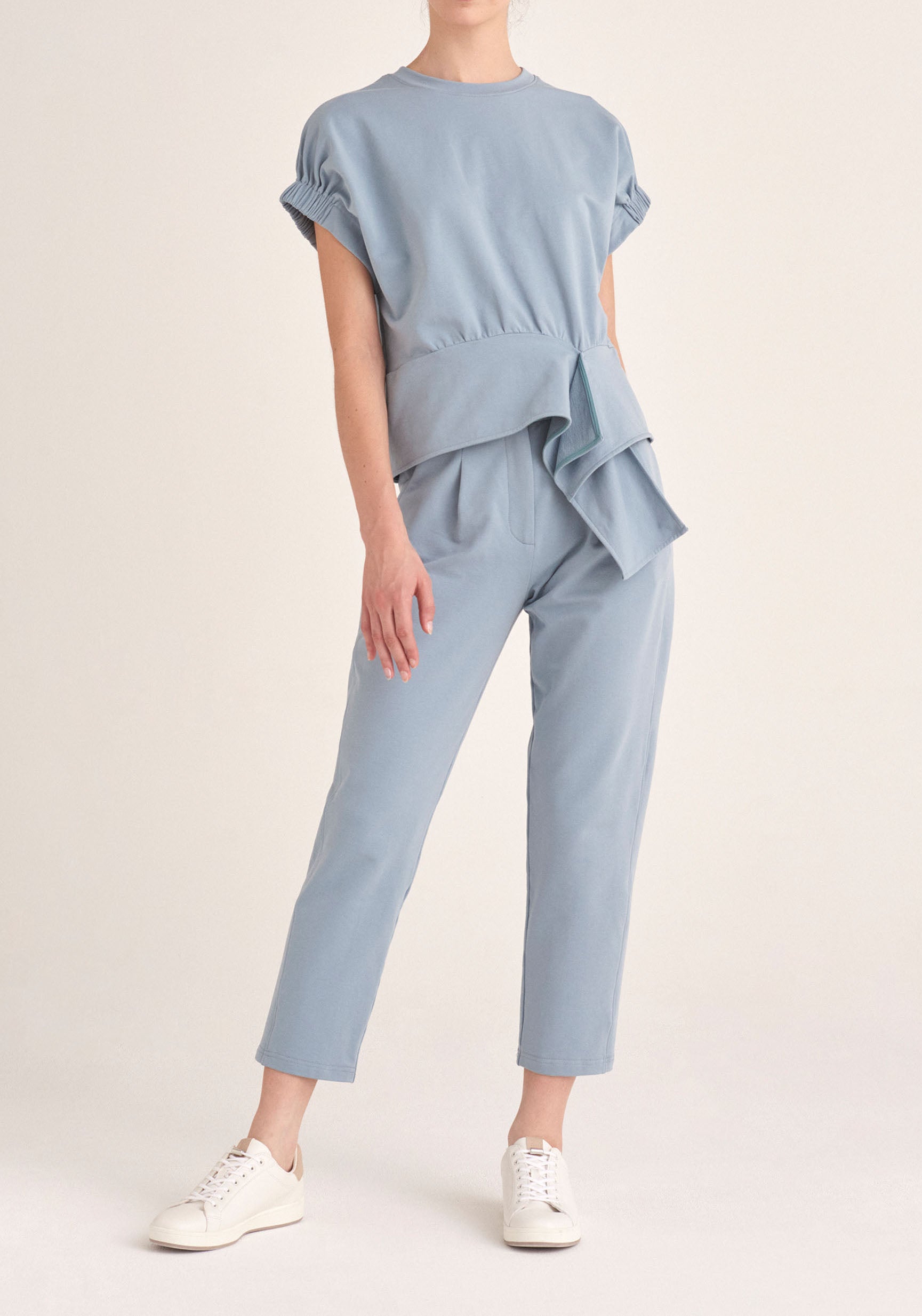 Paisie Elasticated Waist Jersey Trousers in Light Blue