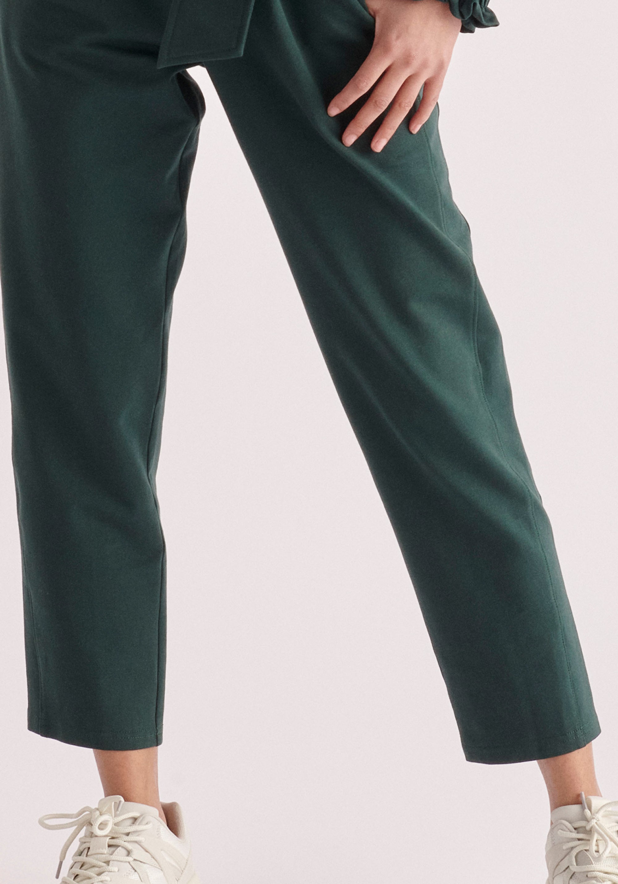 Paisie Elasticated Waist Jersey Trousers in Dark Green Close Up