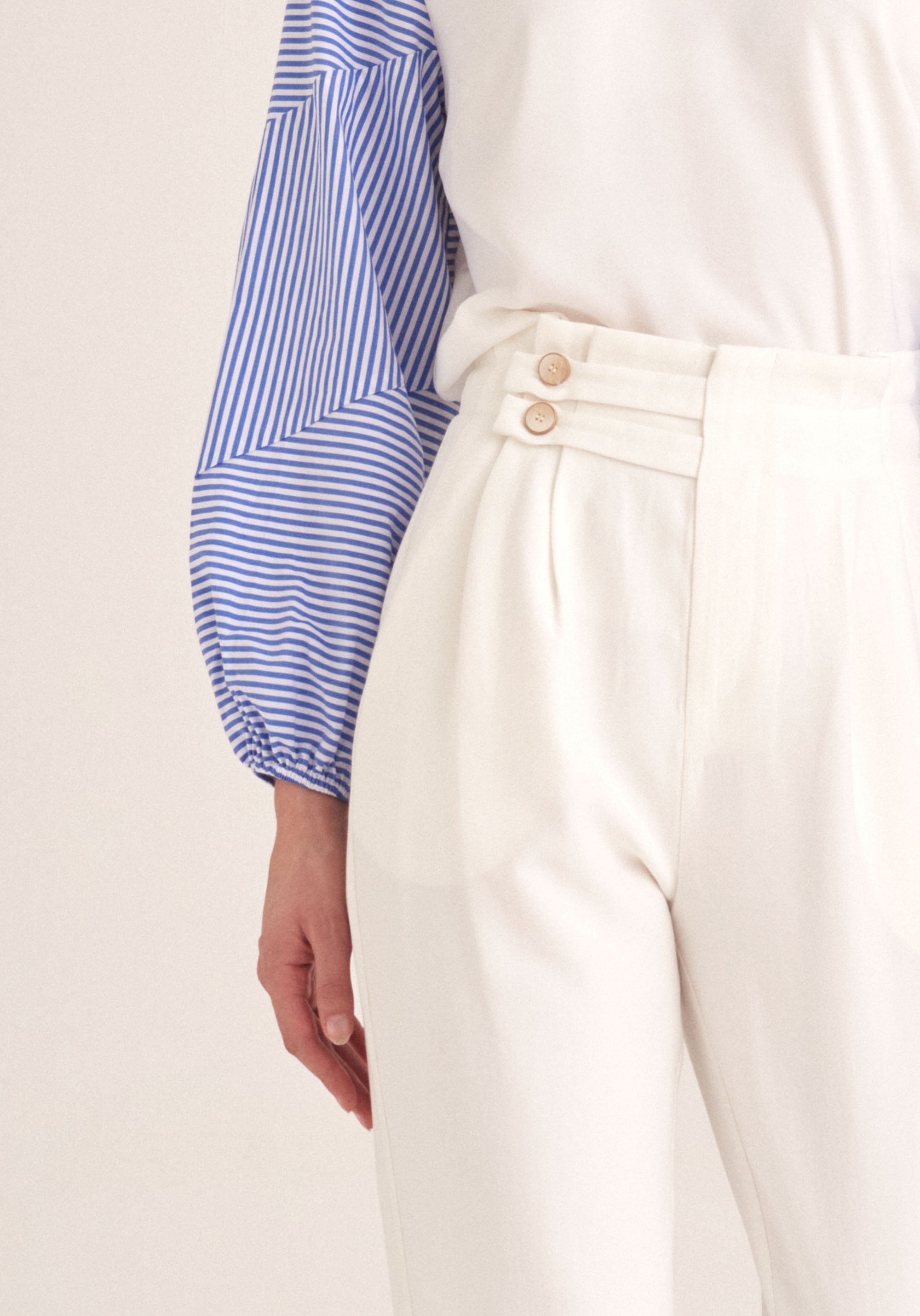 Paisie Cropped Paperbag Waist Trousers in White Close Up