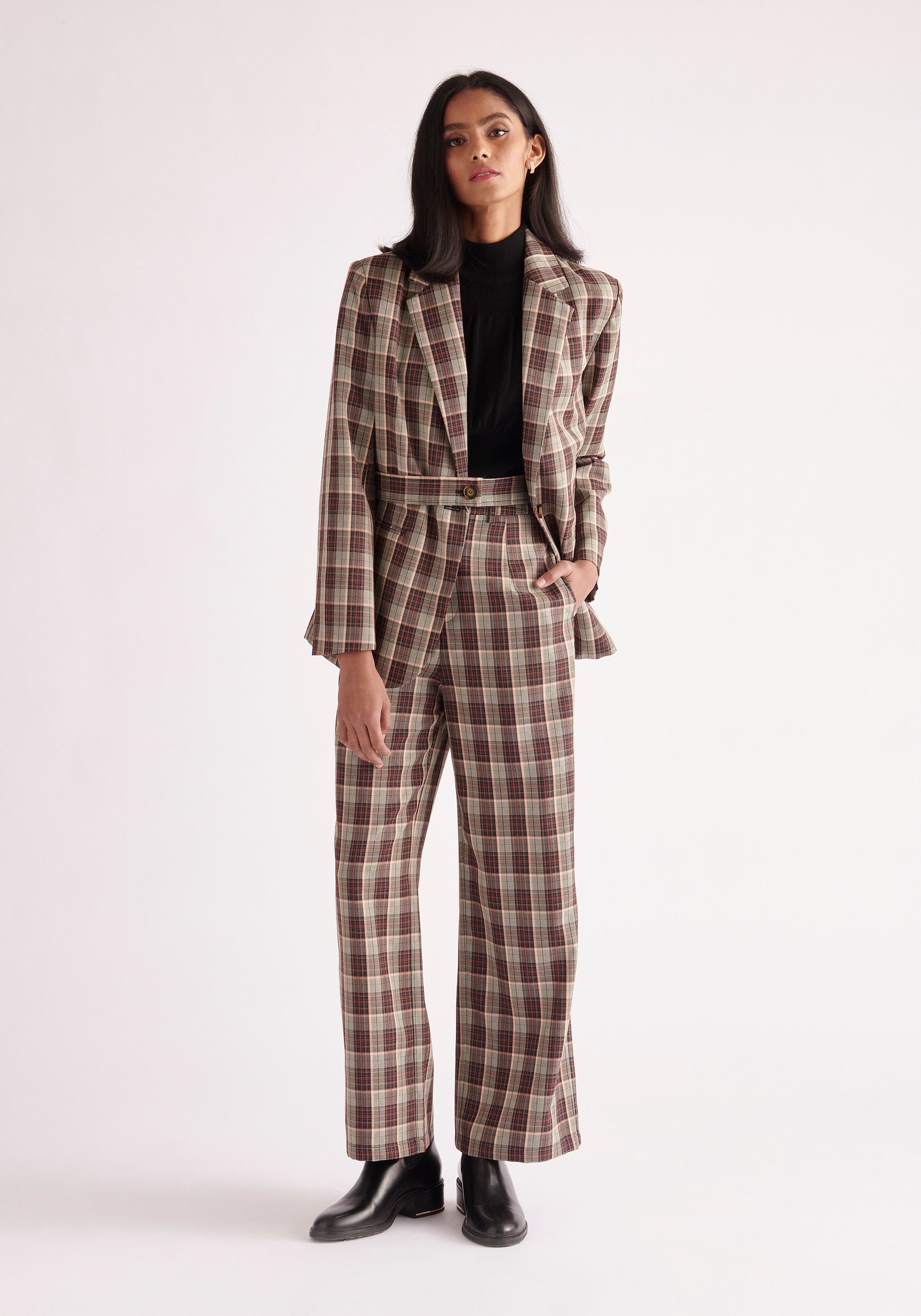 Paisie Plaid Suit Trousers in Green, Brown and Pink Tones