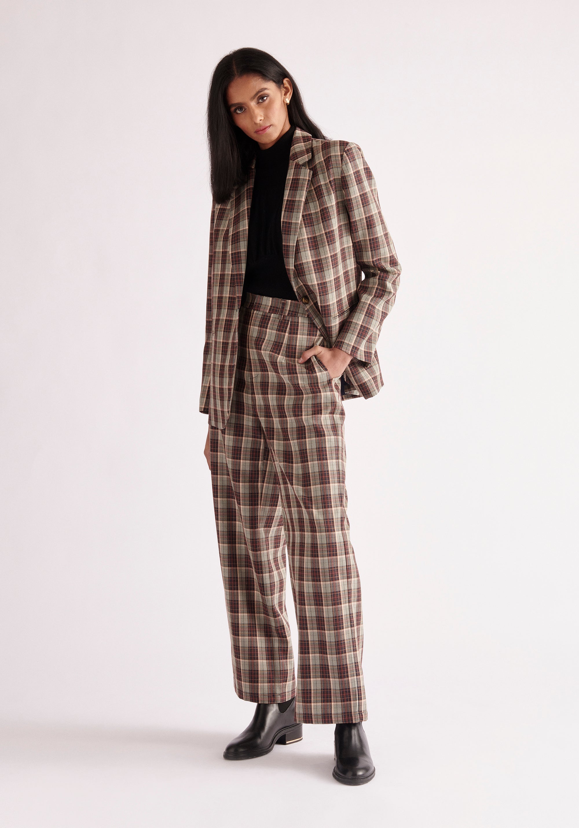 Paisie Plaid Suit Trousers in Green, Brown and Pink Tones