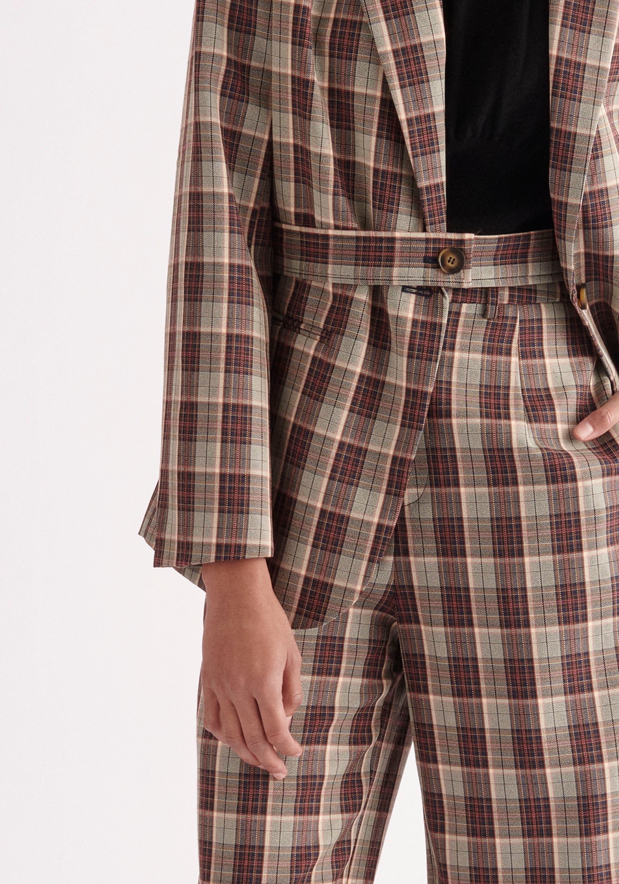 Paisie Plaid Suit Trousers in Green, Brown and Pink Tones Close Up