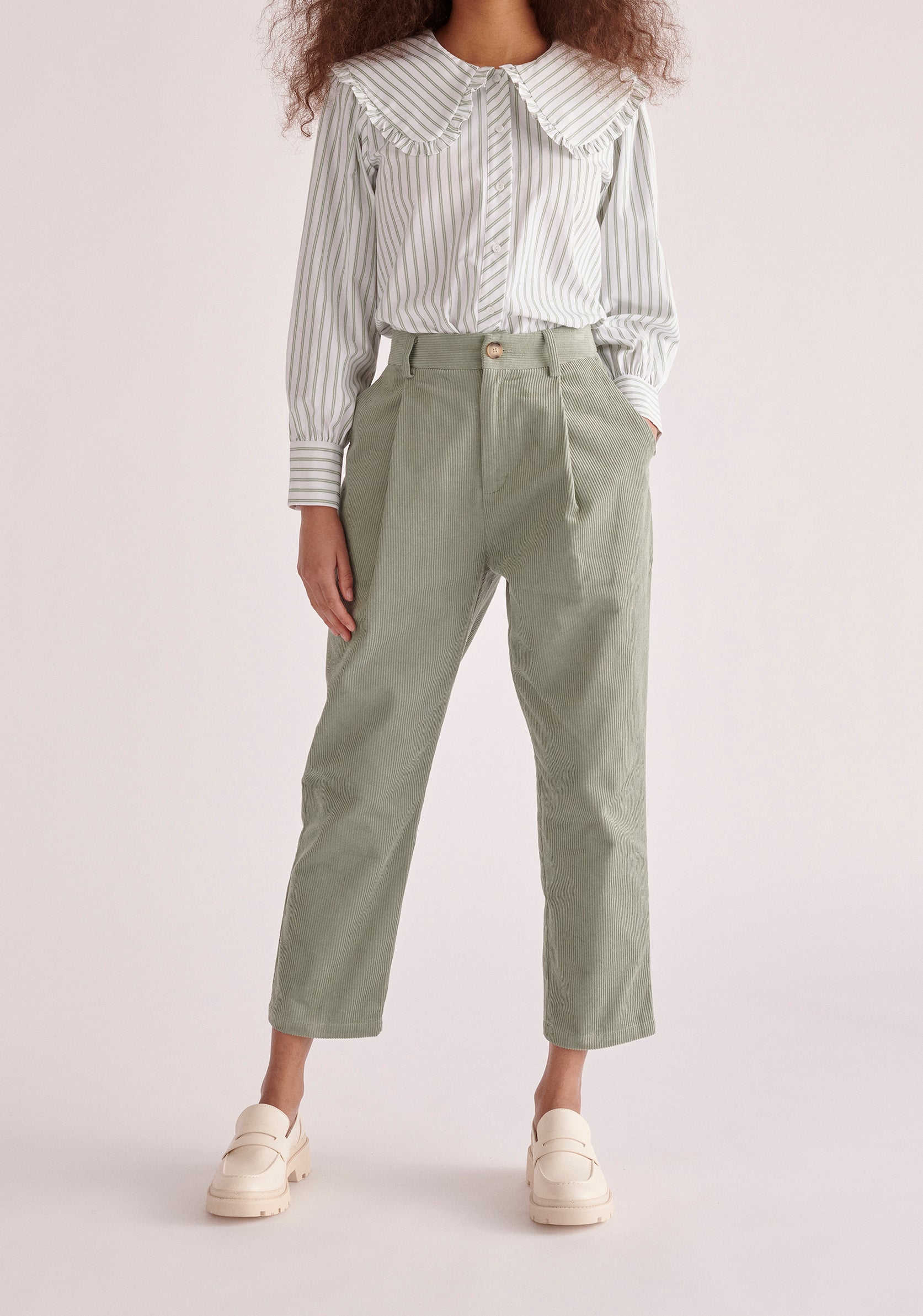 Paisie Pleated Corduroy Trousers in Mint Green