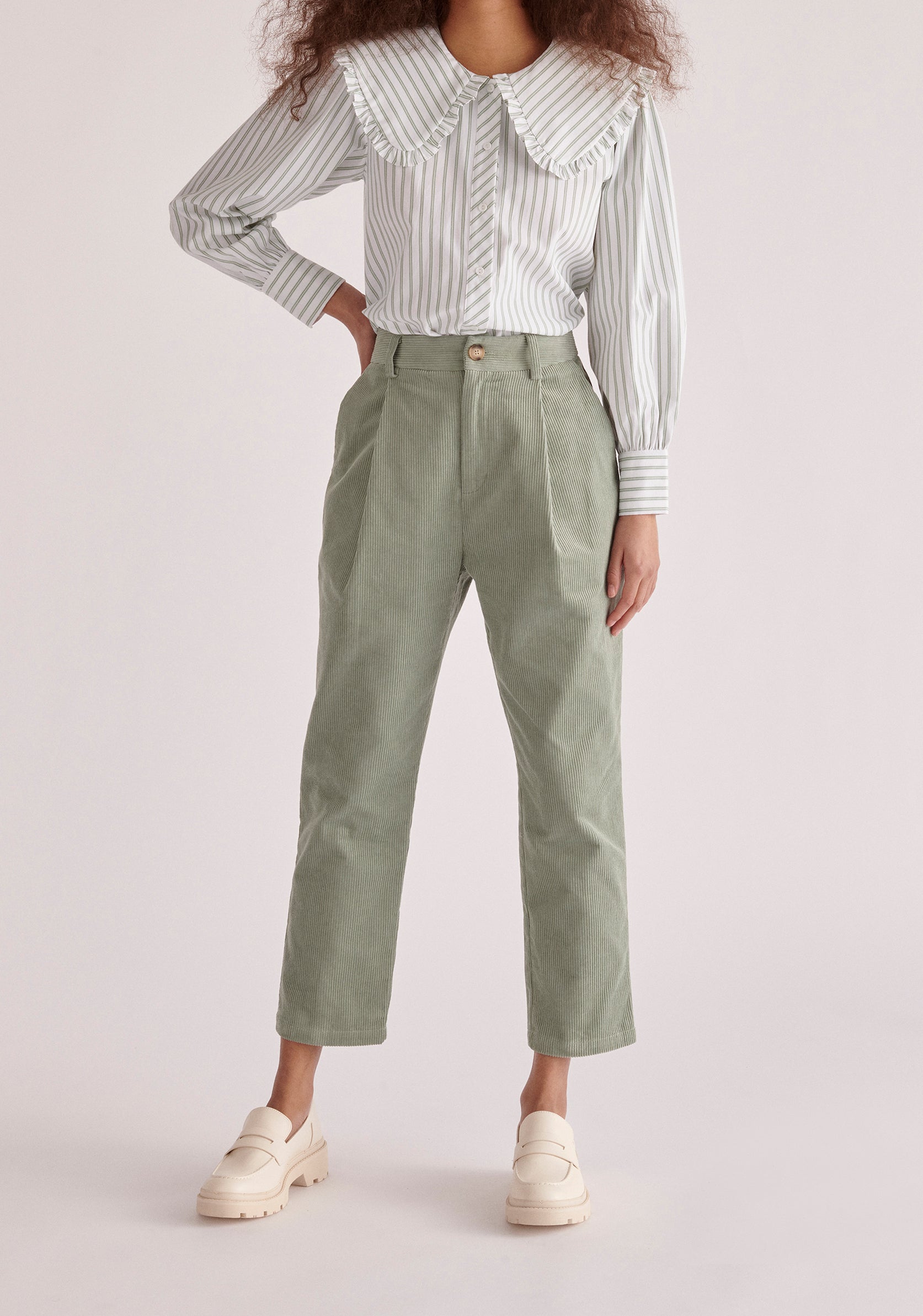 Paisie Pleated Corduroy Trousers in Mint Green