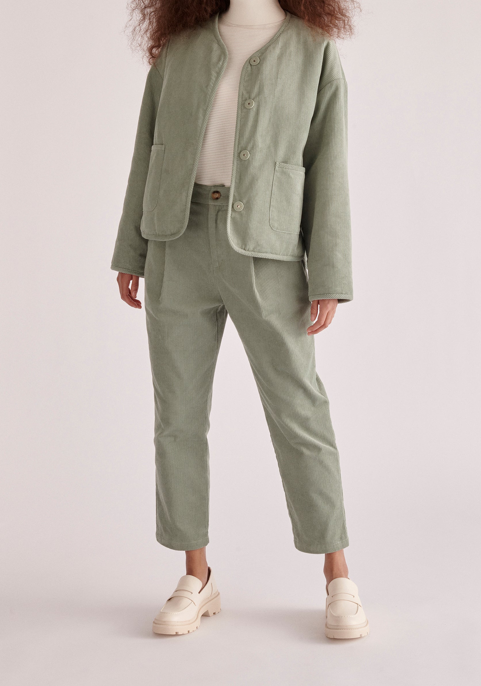 Paisie Pleated Corduroy Trousers in Mint Green