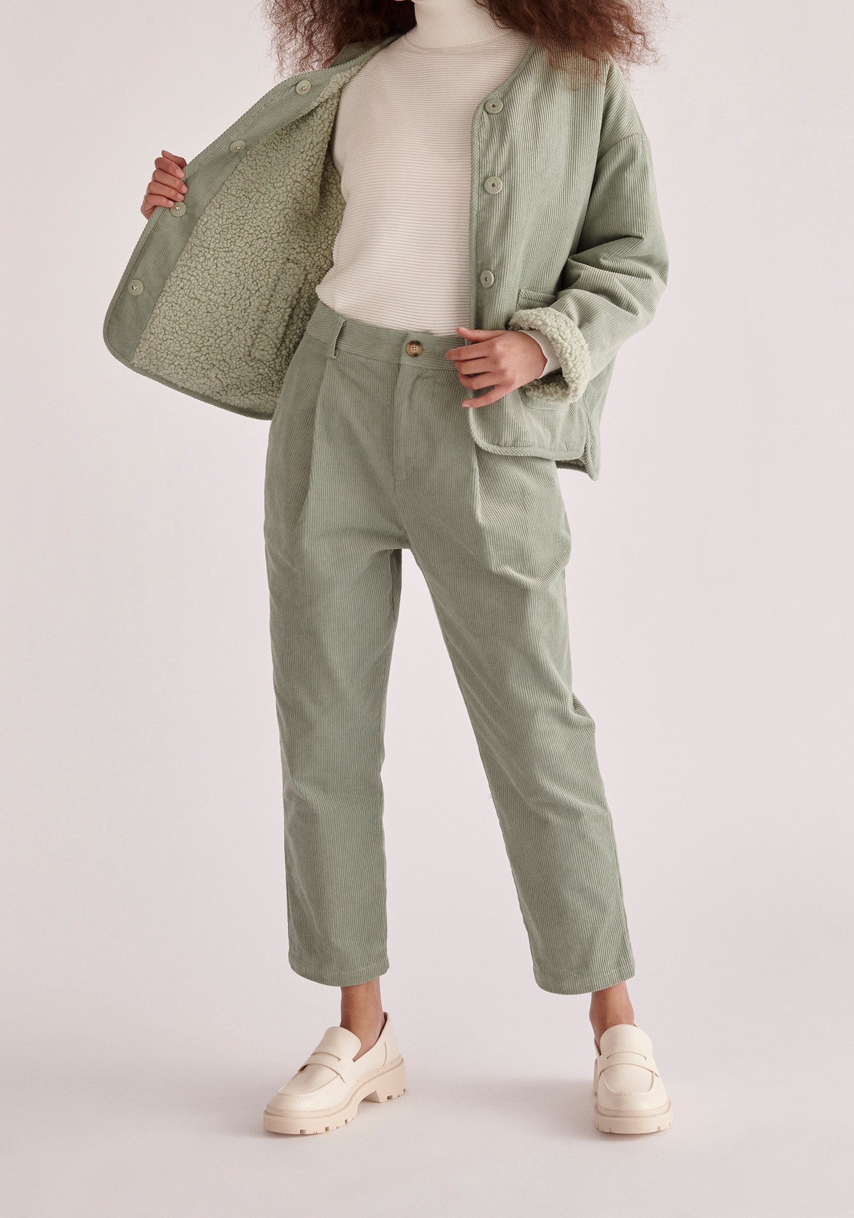 Paisie Pleated Corduroy Trousers in Mint Green