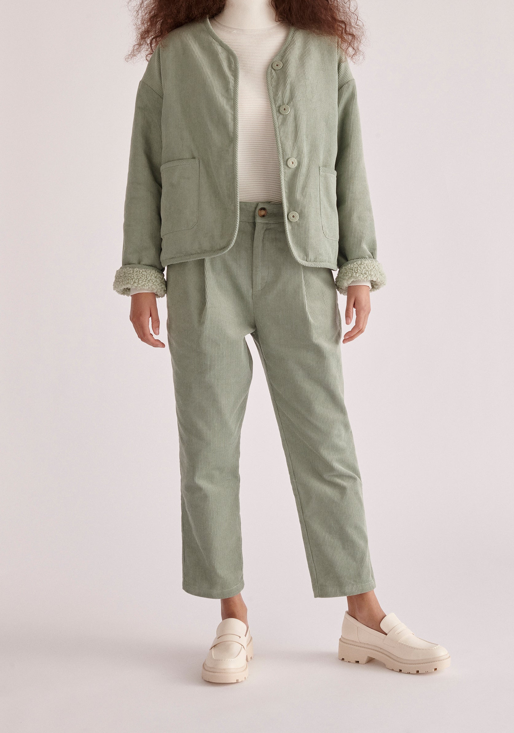 Paisie Pleated Corduroy Trousers in Mint Green