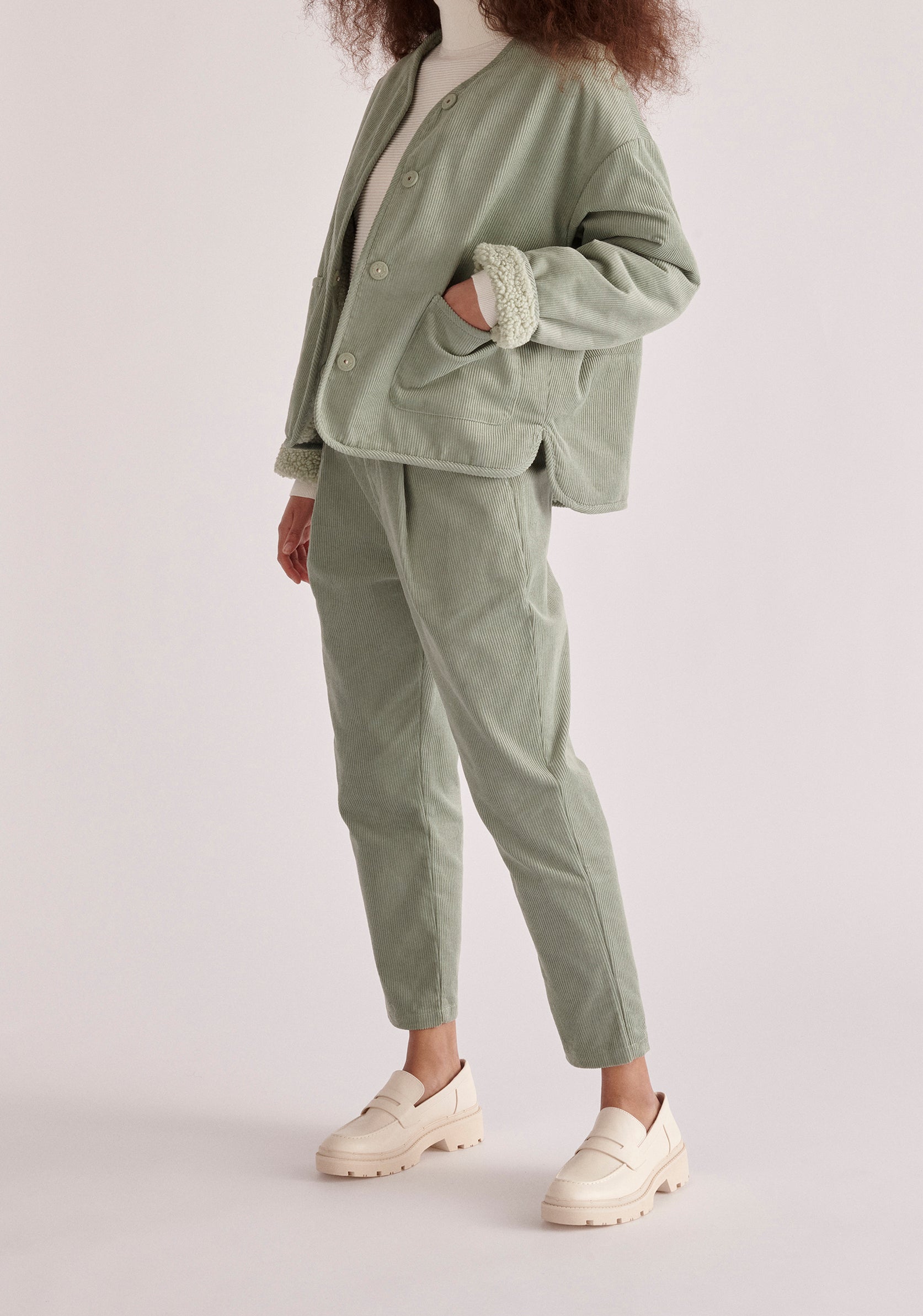 Paisie Pleated Corduroy Trousers in Mint Green