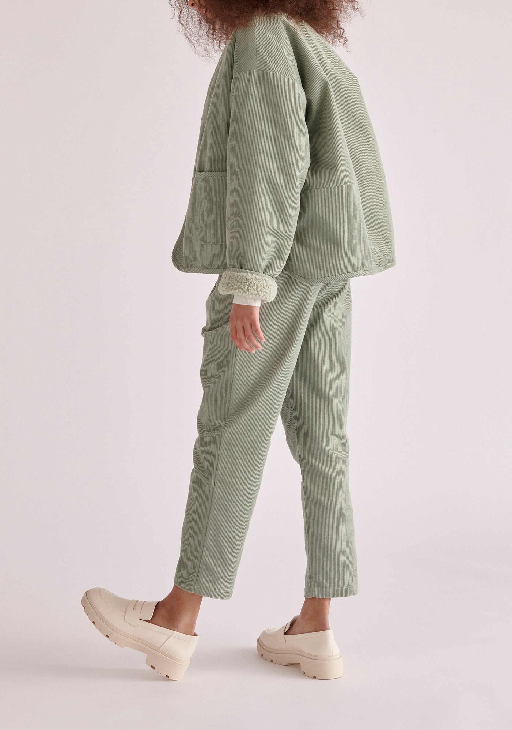 Paisie Pleated Corduroy Trousers in Mint Green Side