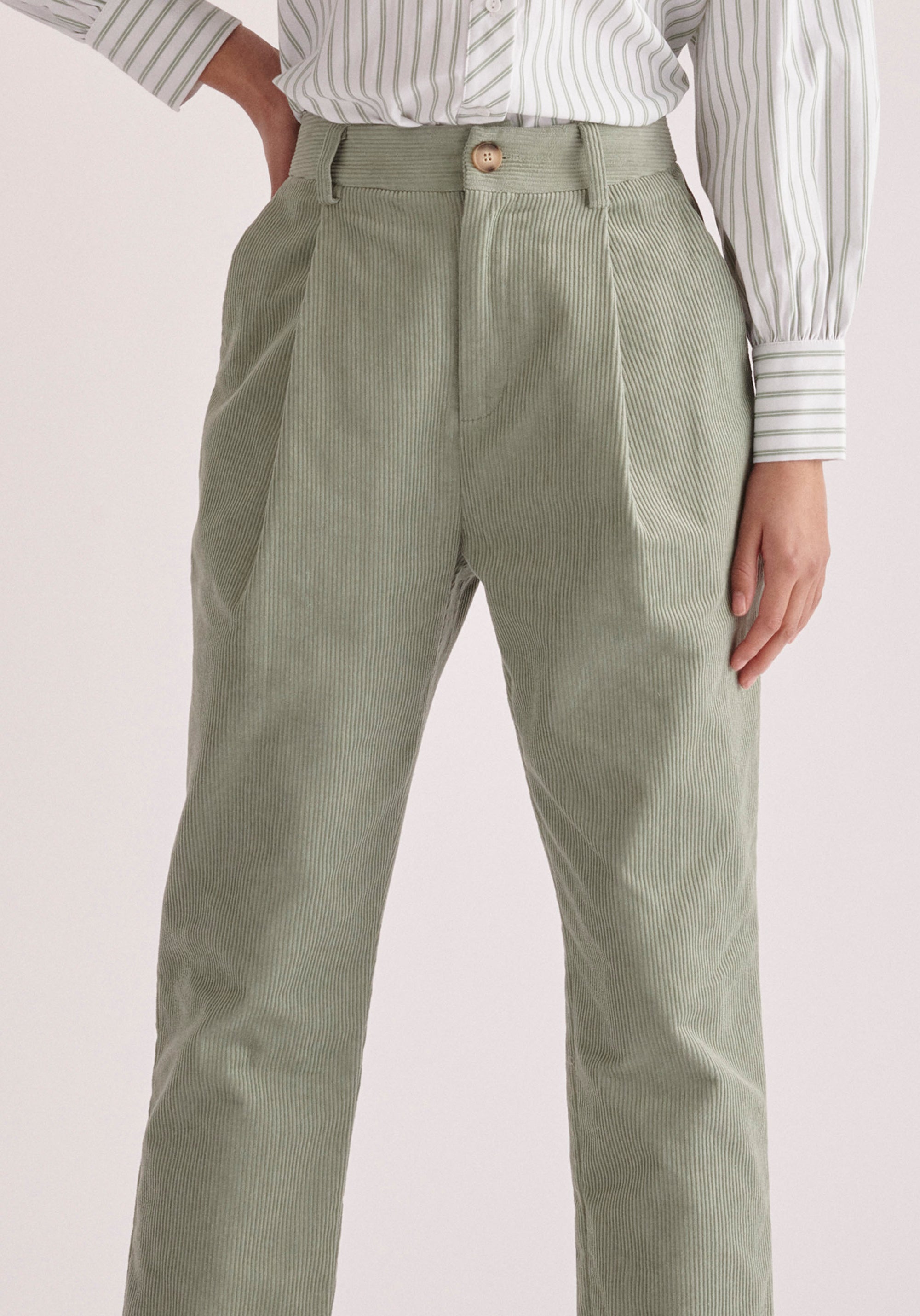 Paisie Pleated Corduroy Trousers in Mint Green Close Up