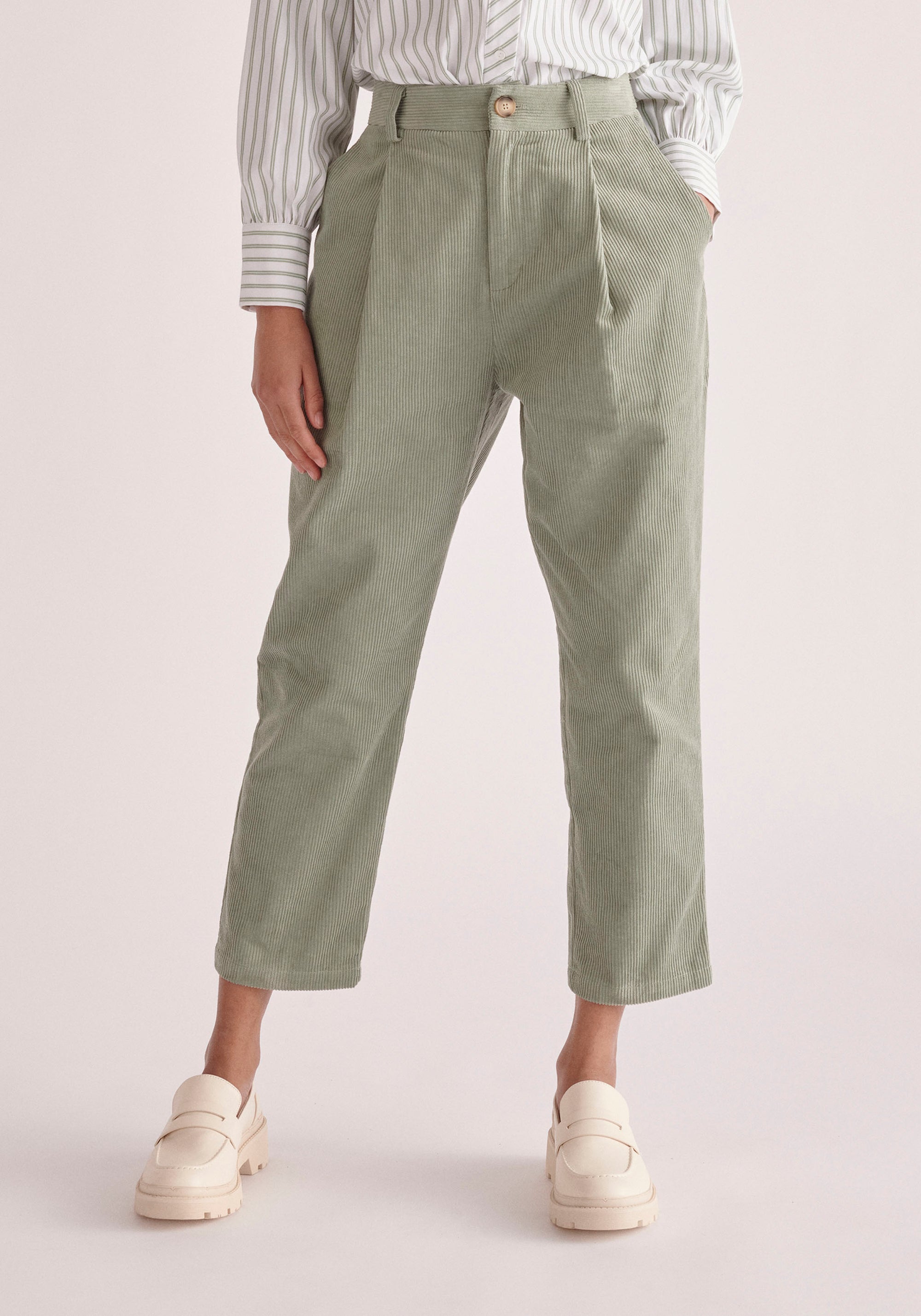 Paisie Pleated Corduroy Trousers in Mint Green