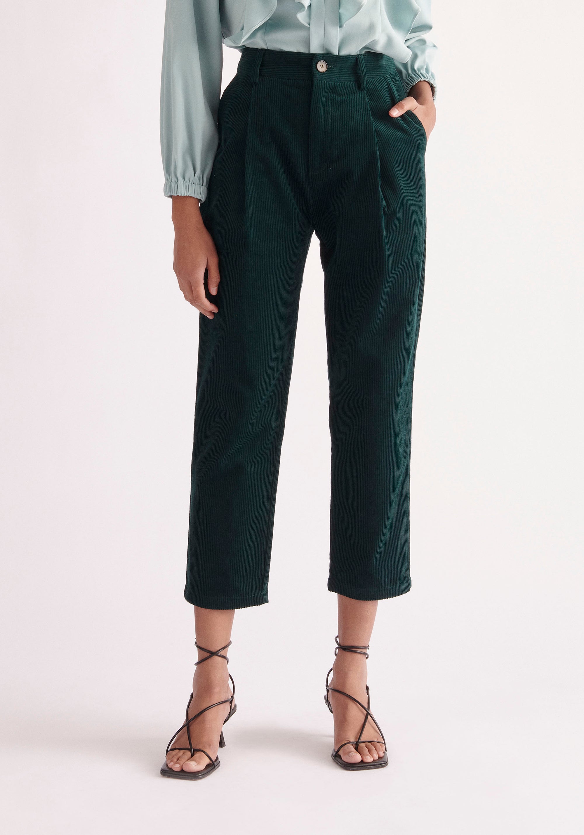 Paisie Pleated Corduroy Trousers in Dark Green